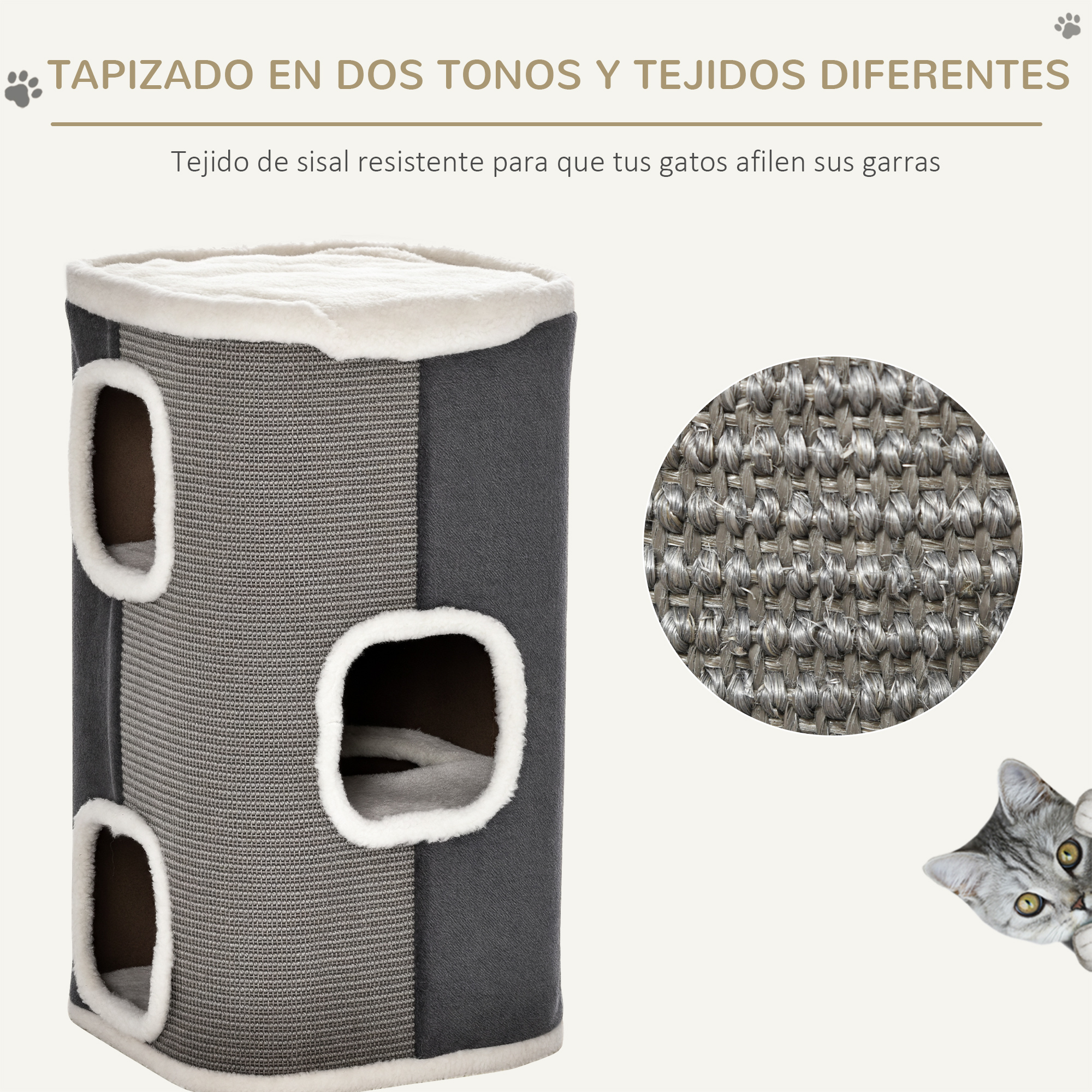 Torre gris para gatos con aberturas y detalle de sisal. Gato asomándose.