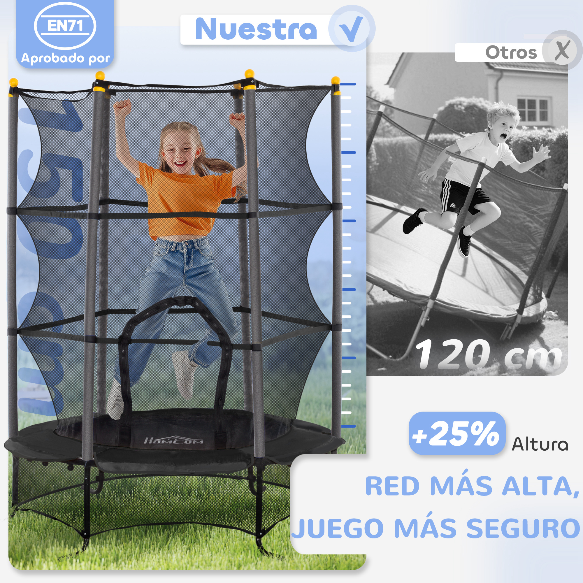 Una niña salta felizmente en un trampolín con una red de seguridad alta, contrastado con un niño en un trampolín de red más baja.