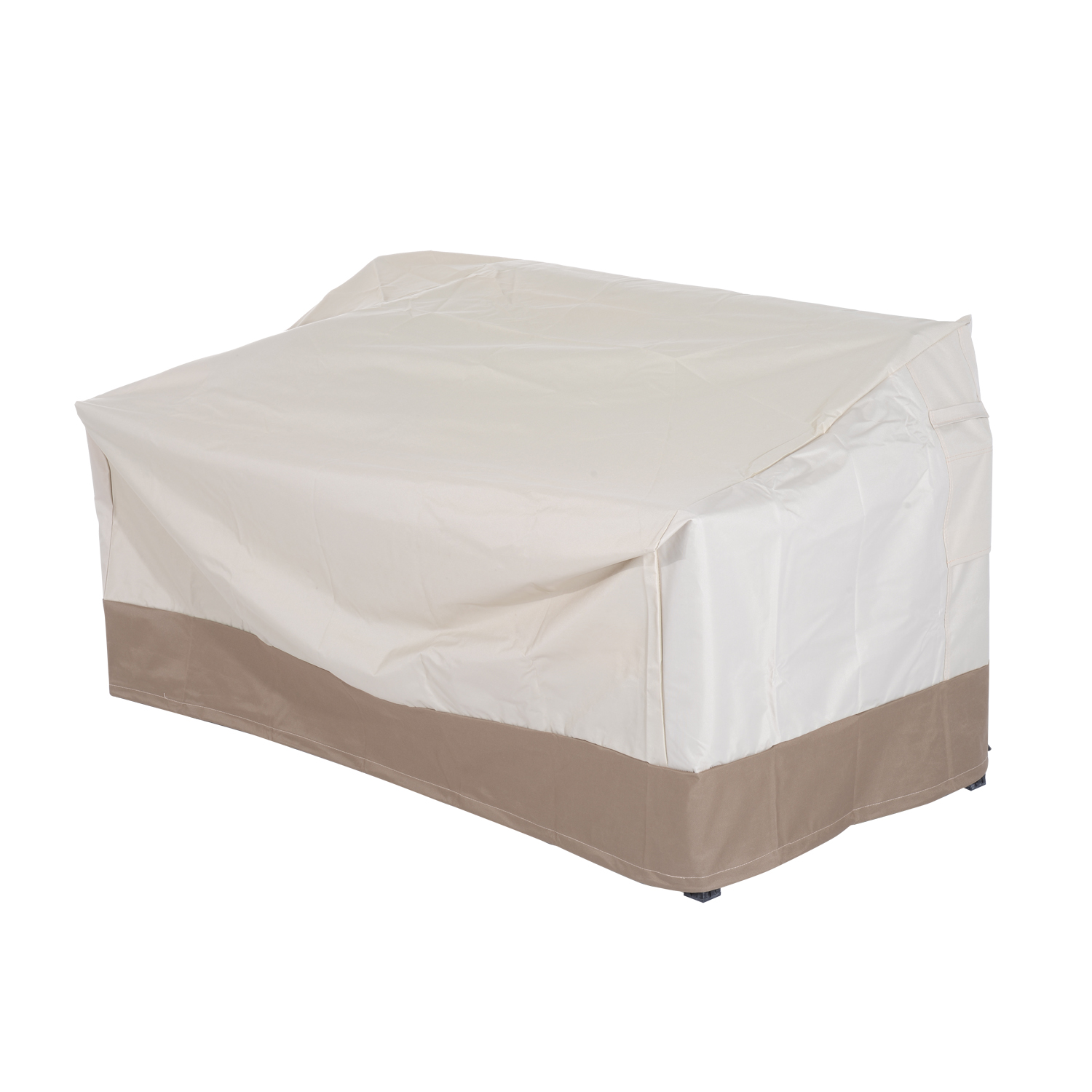 Una funda beige y marrón para un sofá o sillón, sobre fondo blanco.