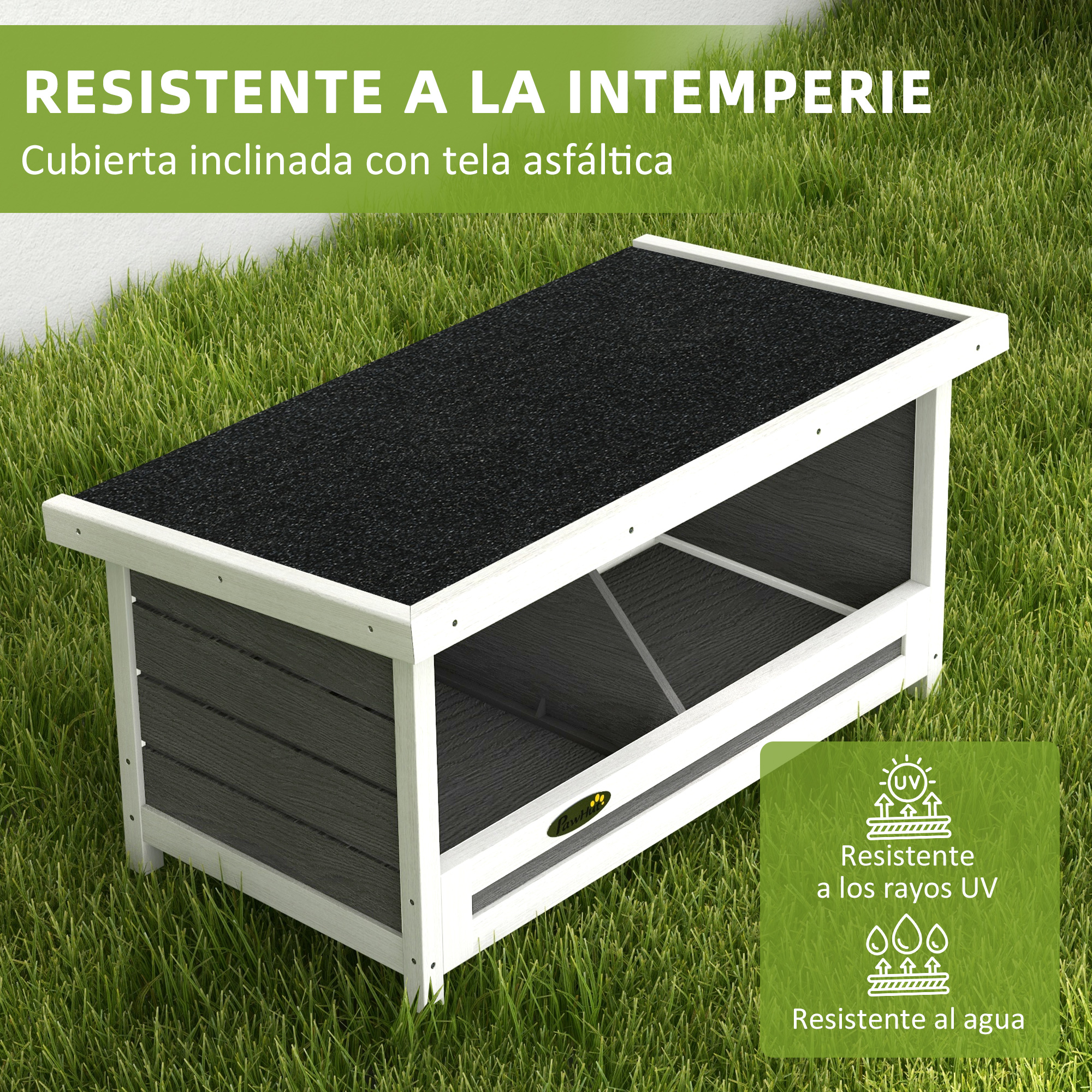 Una casa para mascotas resistente a la intemperie con techo inclinado de asfalto negro.