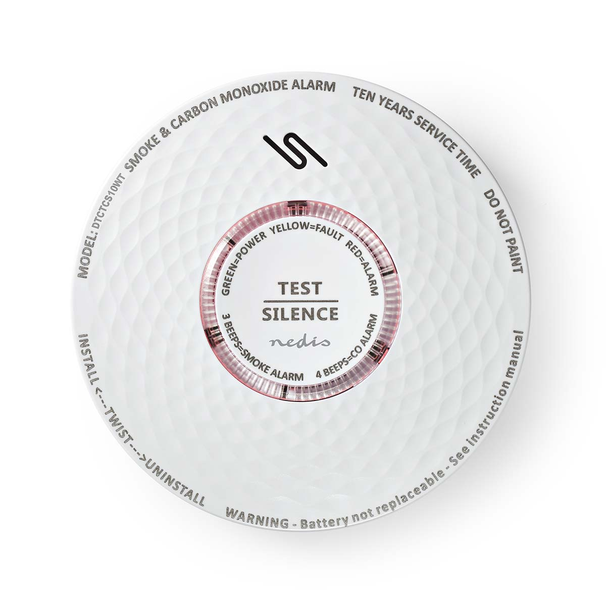 Allarme fumo e CO bianco. Testo: TEST, SILENZIO, nedis, VERDE=POTENZA, GIALLO=GUASTO, ROSSO=ALLARME.