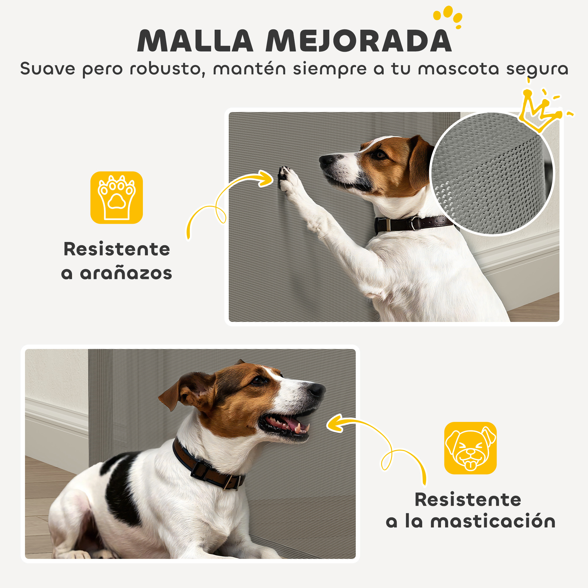 Un perro rasca una malla gris. Otro perro yace a su lado.