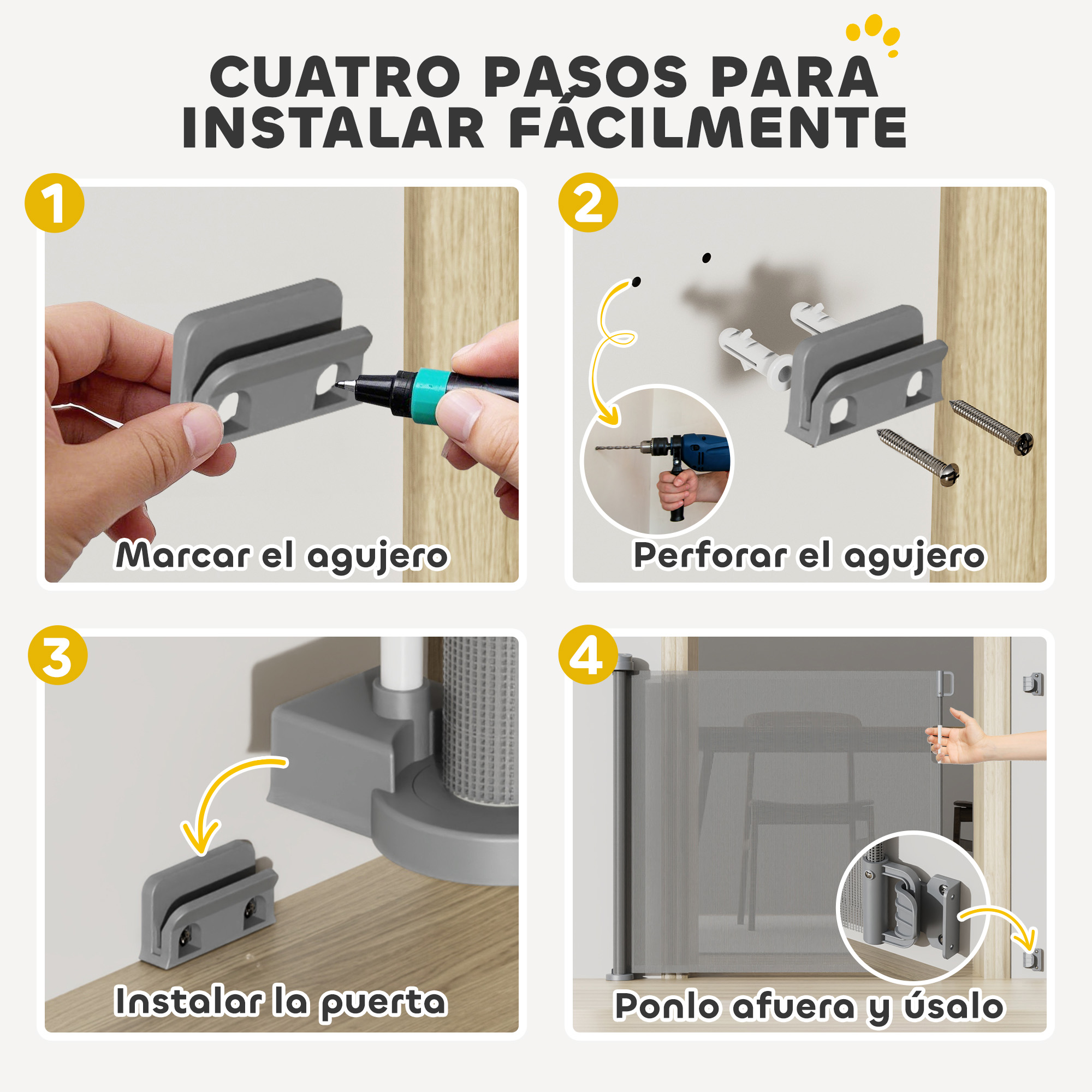 Instrucciones: Marcar, taladrar, instalar puerta, colocar y usar.