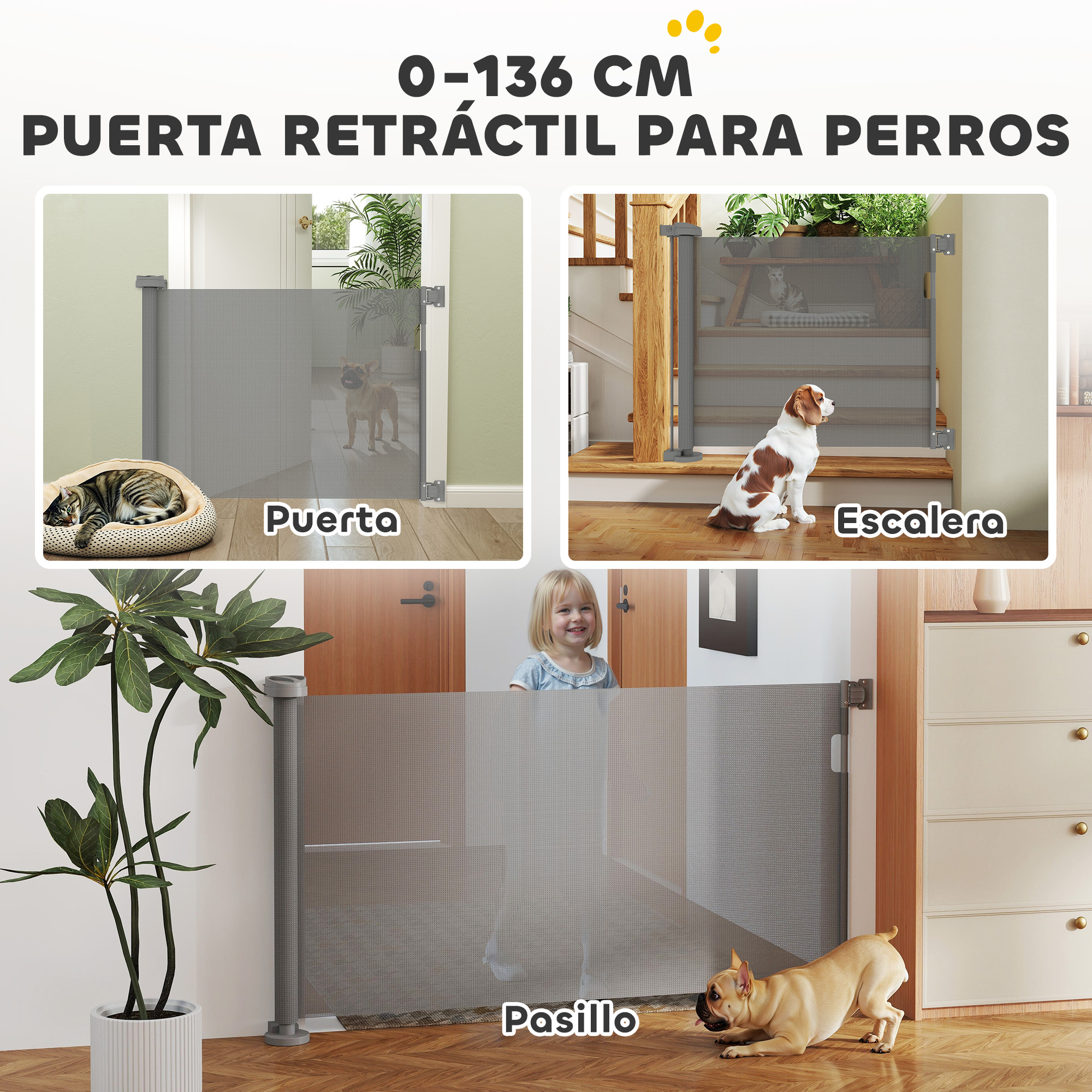 Puerta de seguridad de malla gris con perros y un gato en varios escenarios.