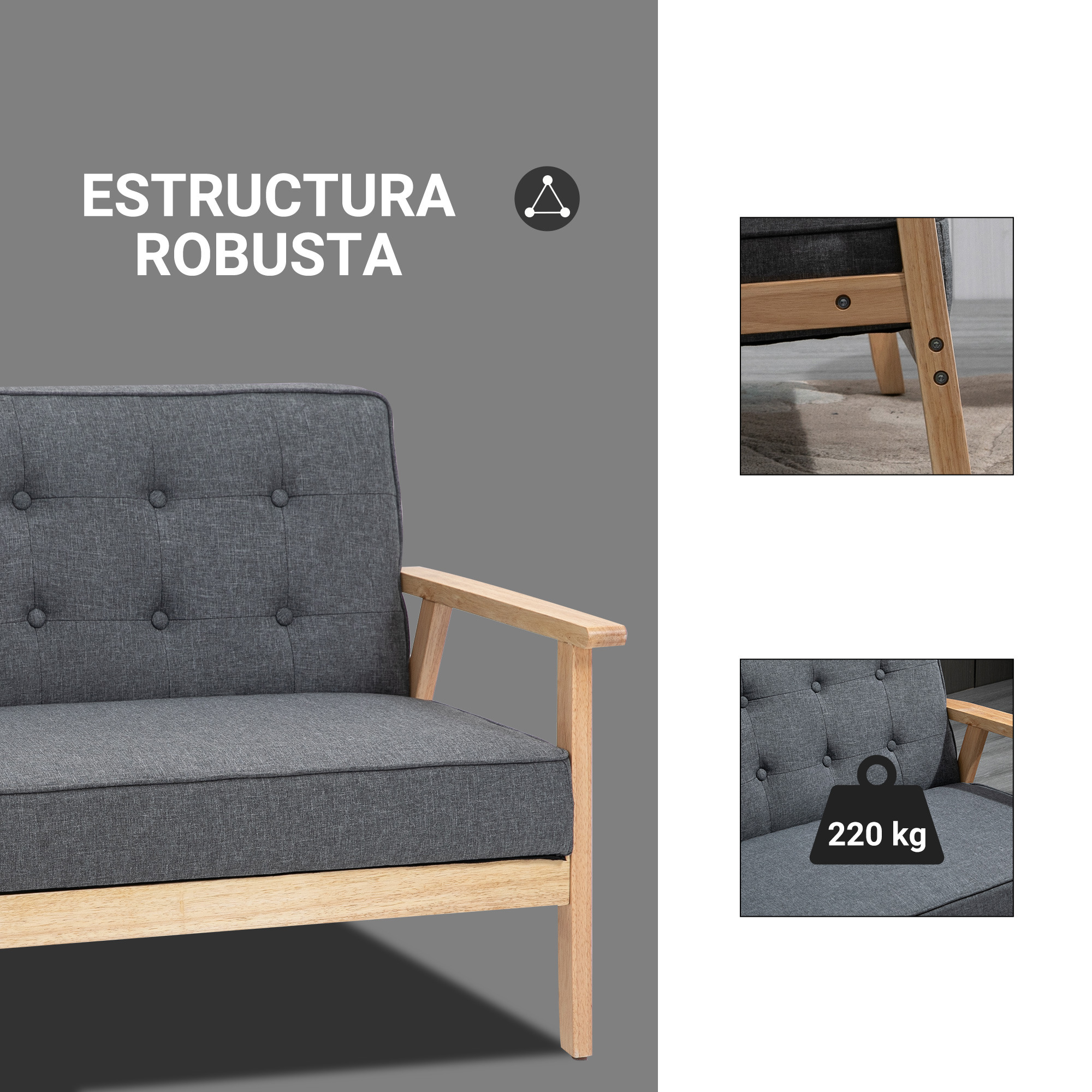 Sillón gris con marco de madera y botones, capacidad 220 kg.