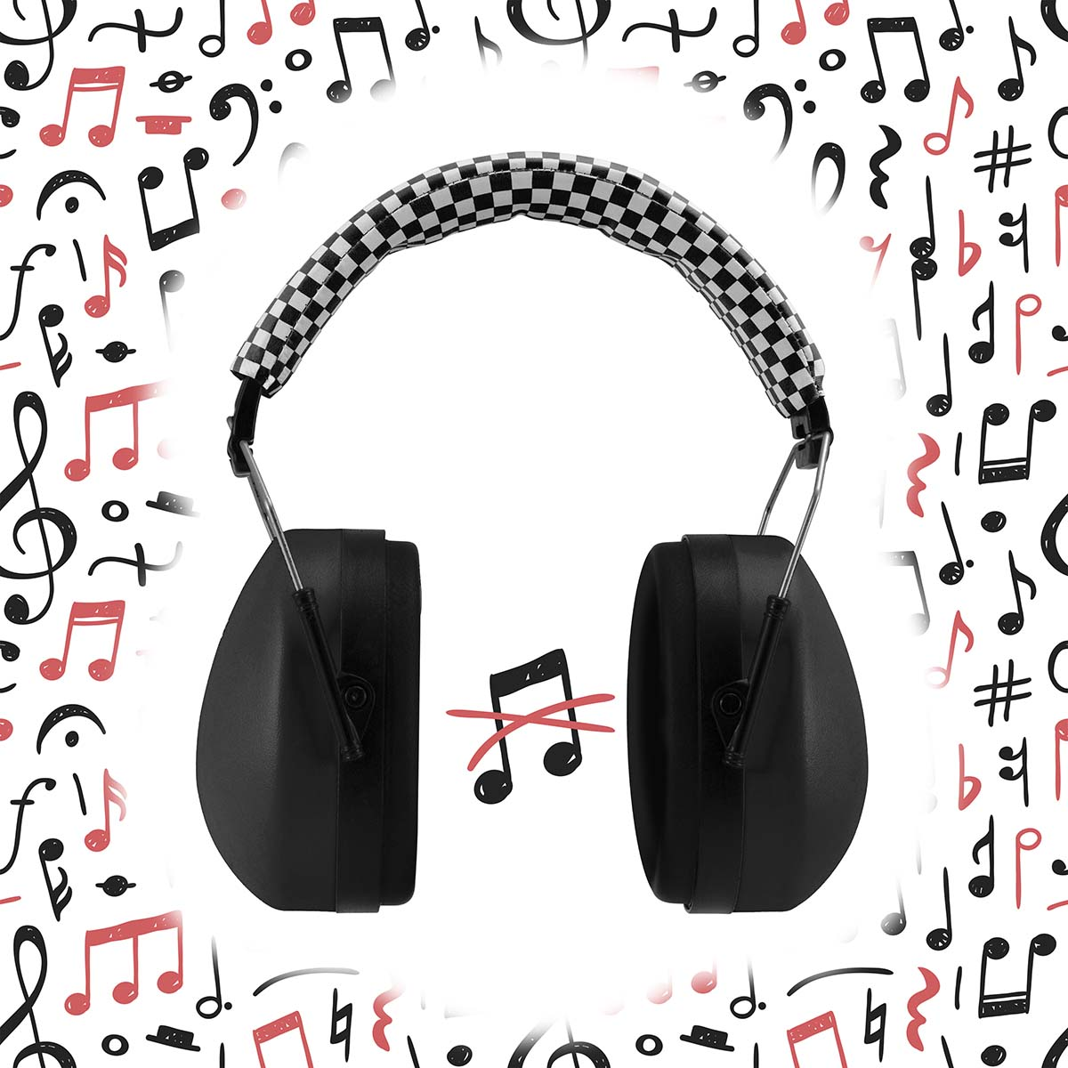 Czarne słuchawki z kratkowanym pałąkiem, otoczone nutami.