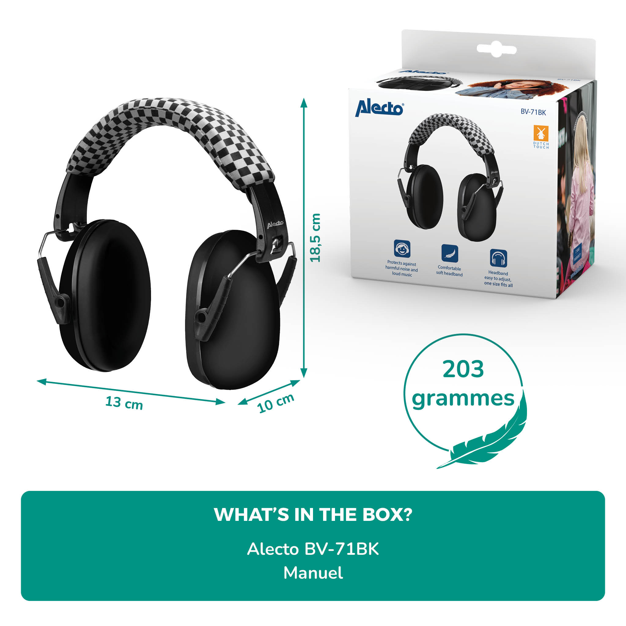 Czarne słuchawki z szachownicą na pałąku, pudełko z wymiarami i wagą.