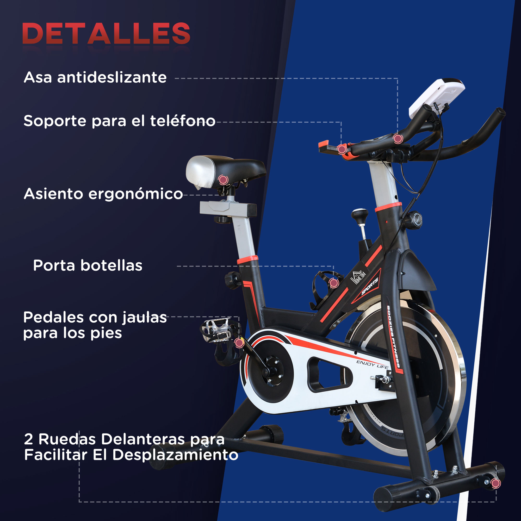 Bicicleta estática negra y roja con etiquetas como 'Detalles', 'Asa', 'Soporte para teléfono'.