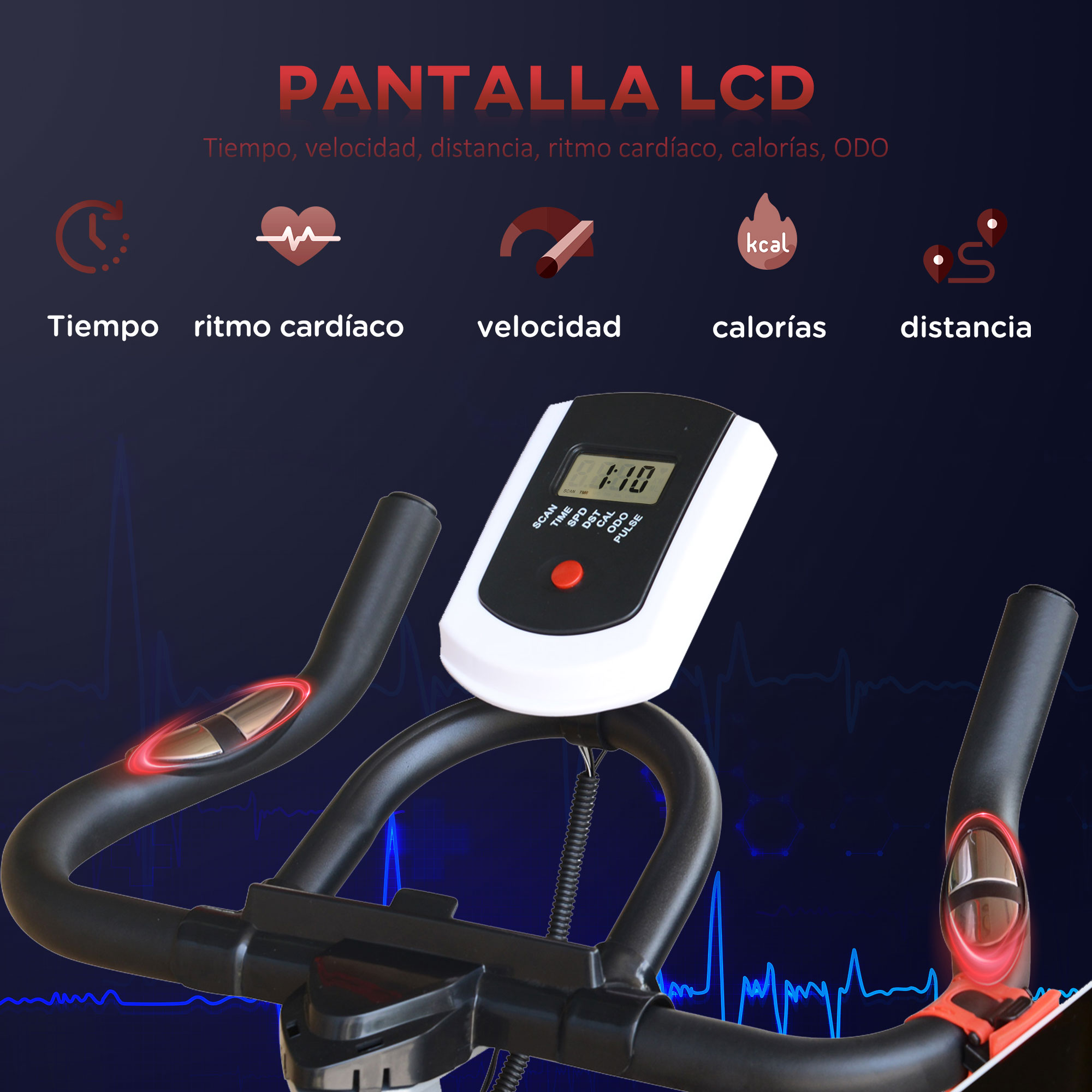 Una pantalla de bicicleta muestra tiempo, ritmo cardíaco, velocidad, calorías y distancia.