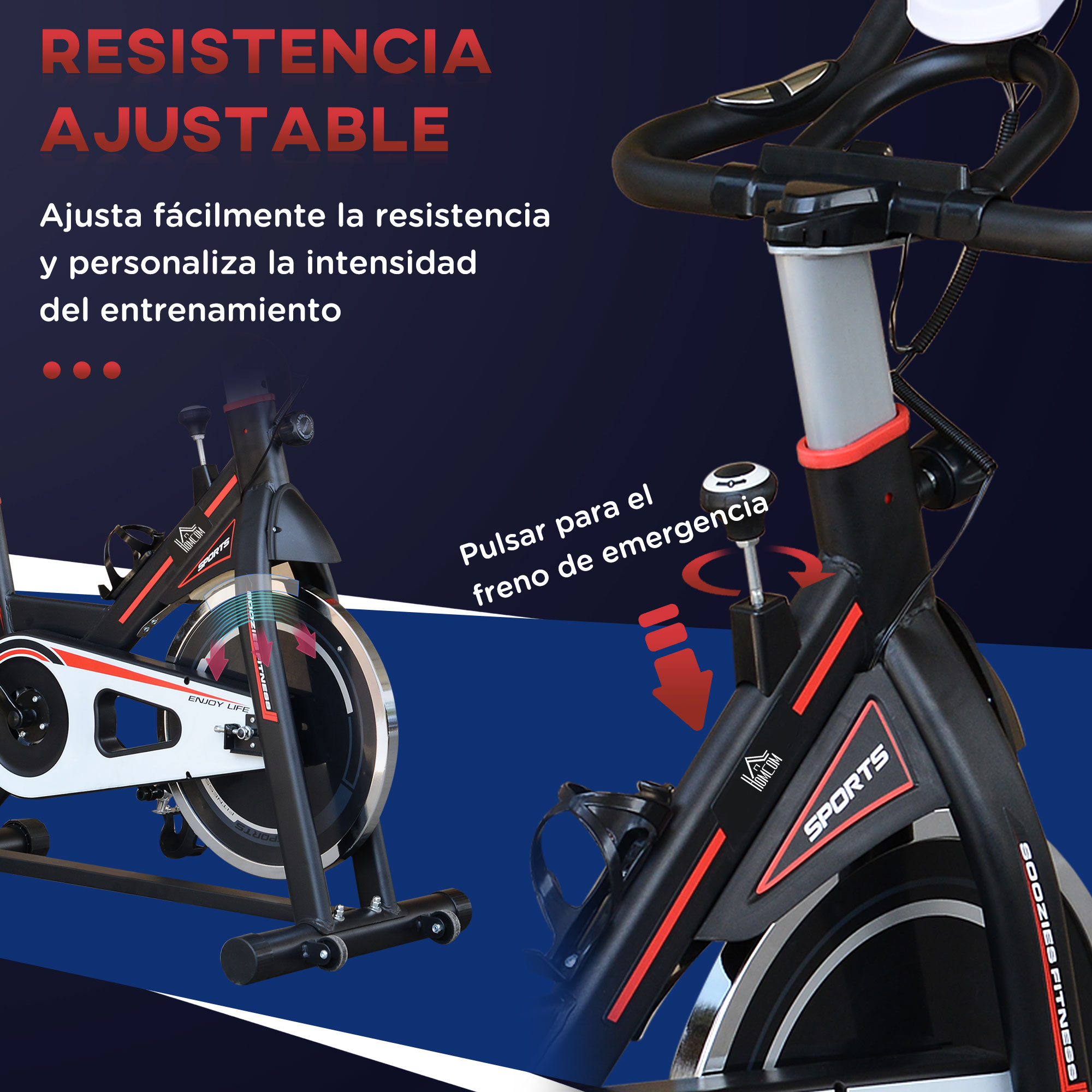Bicicleta de ejercicio negra y roja con resistencia ajustable y freno de emergencia.