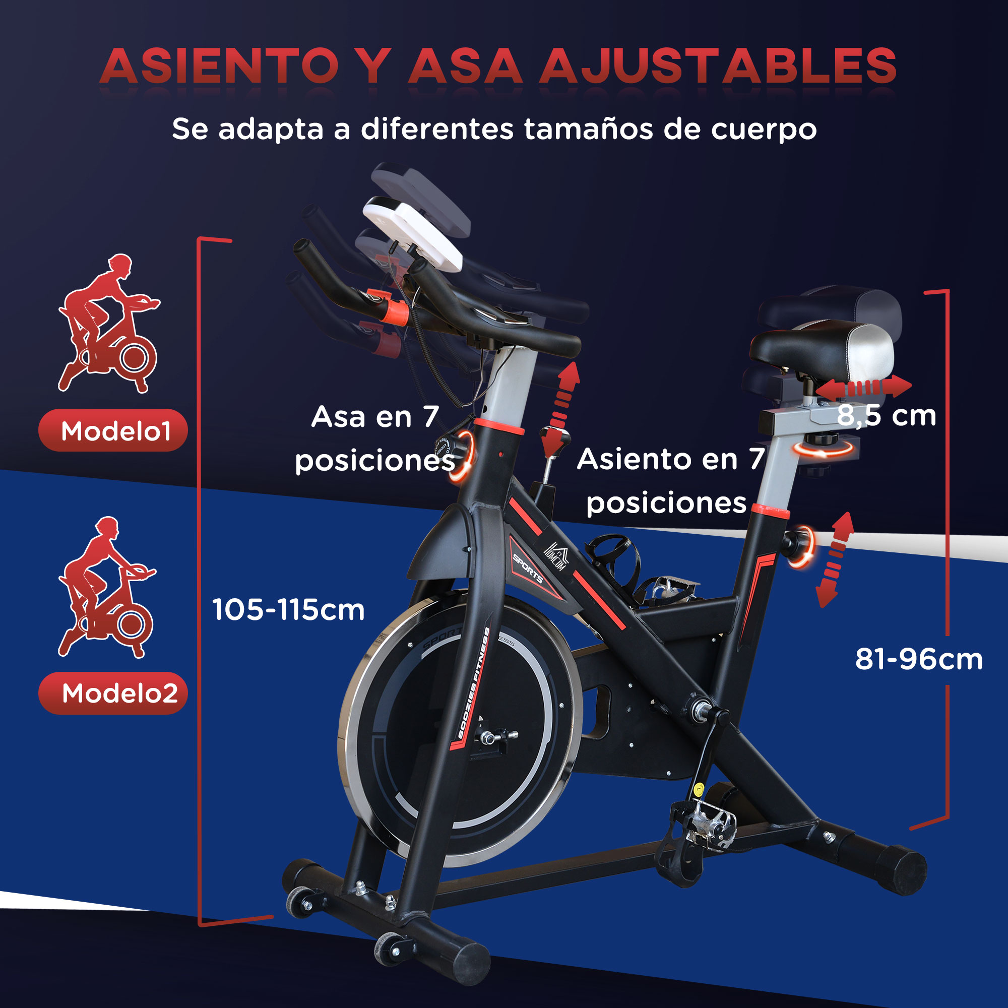 Una bicicleta de spinning de interior negra con asiento y manillar ajustables.