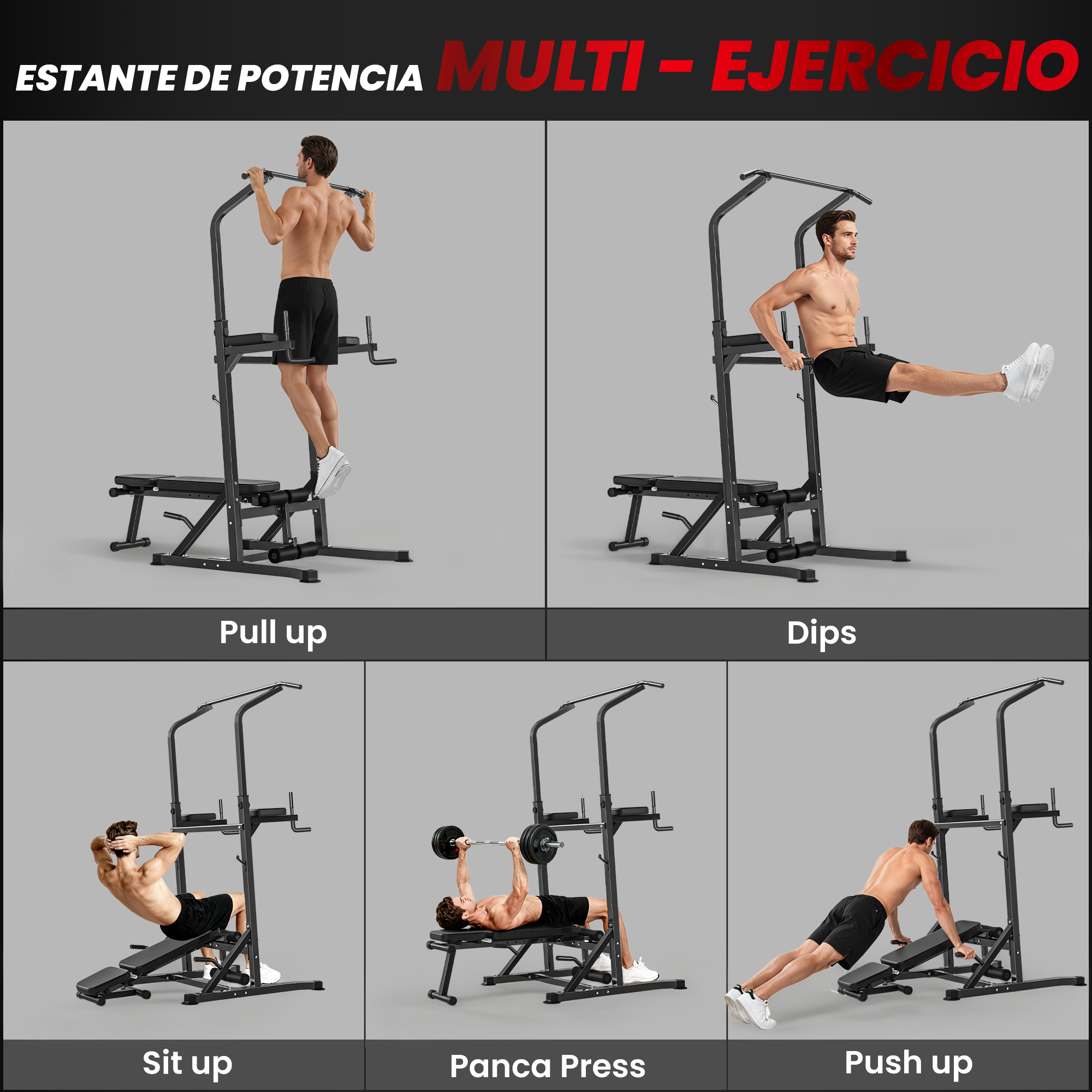 Un hombre hace dominadas, fondos, abdominales, press de banca y flexiones en una torre de potencia.