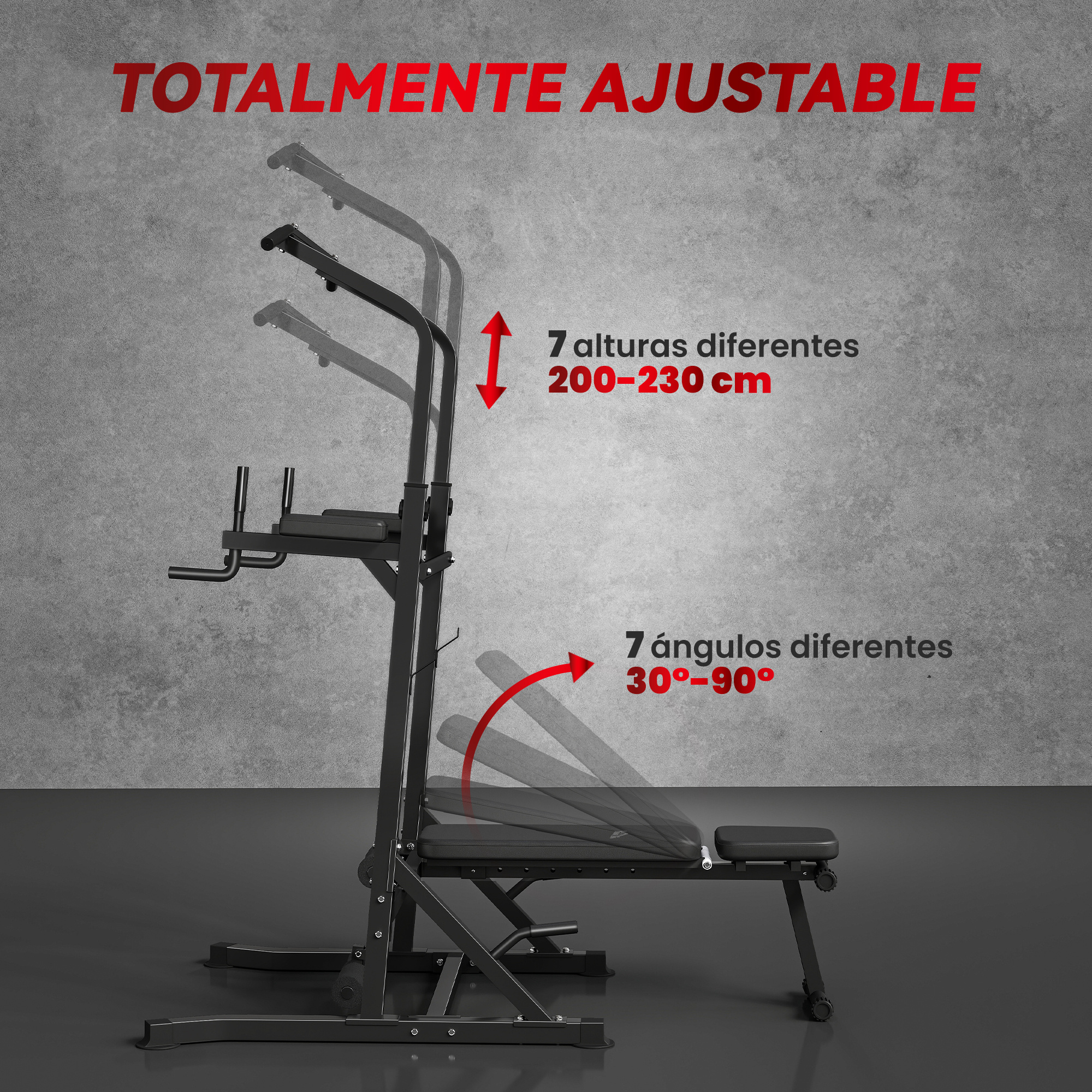 Torre de potencia ajustable con banco, 7 alturas (200-230cm) y ángulos (30-90°).