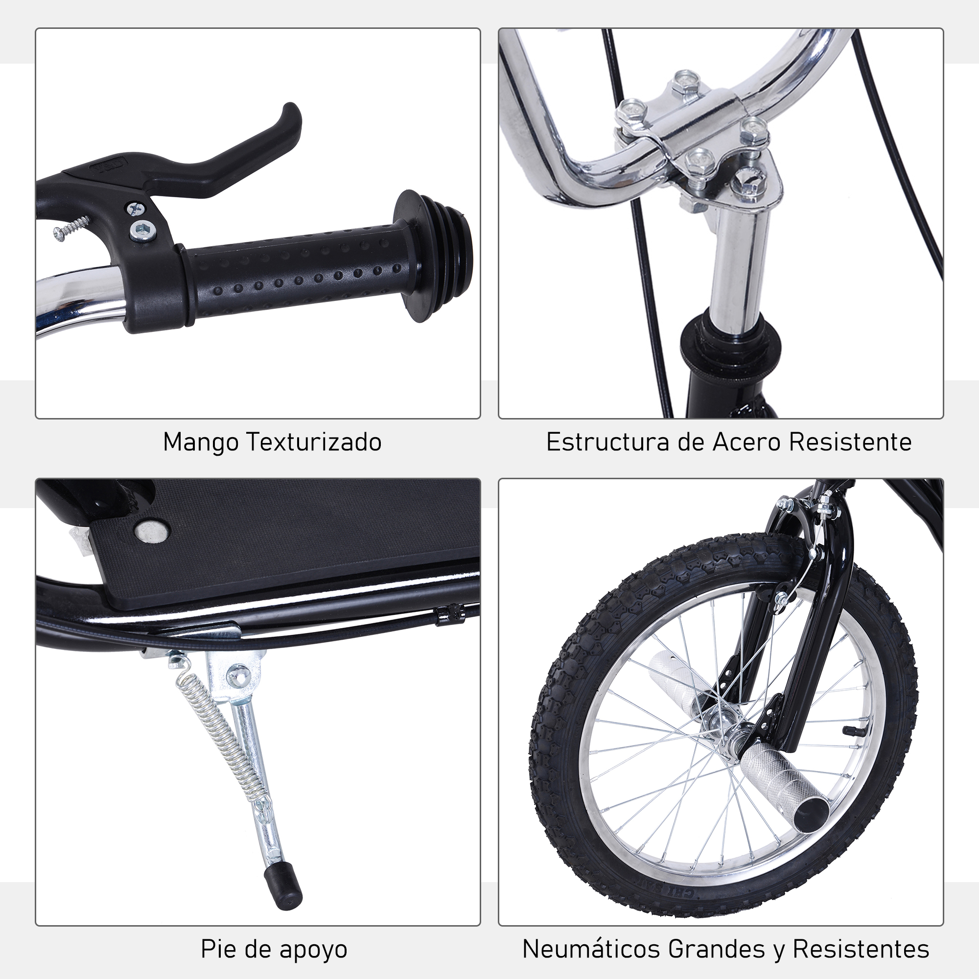 Primer plano de una bicicleta: mango texturizado, marco de acero, pata de cabra.