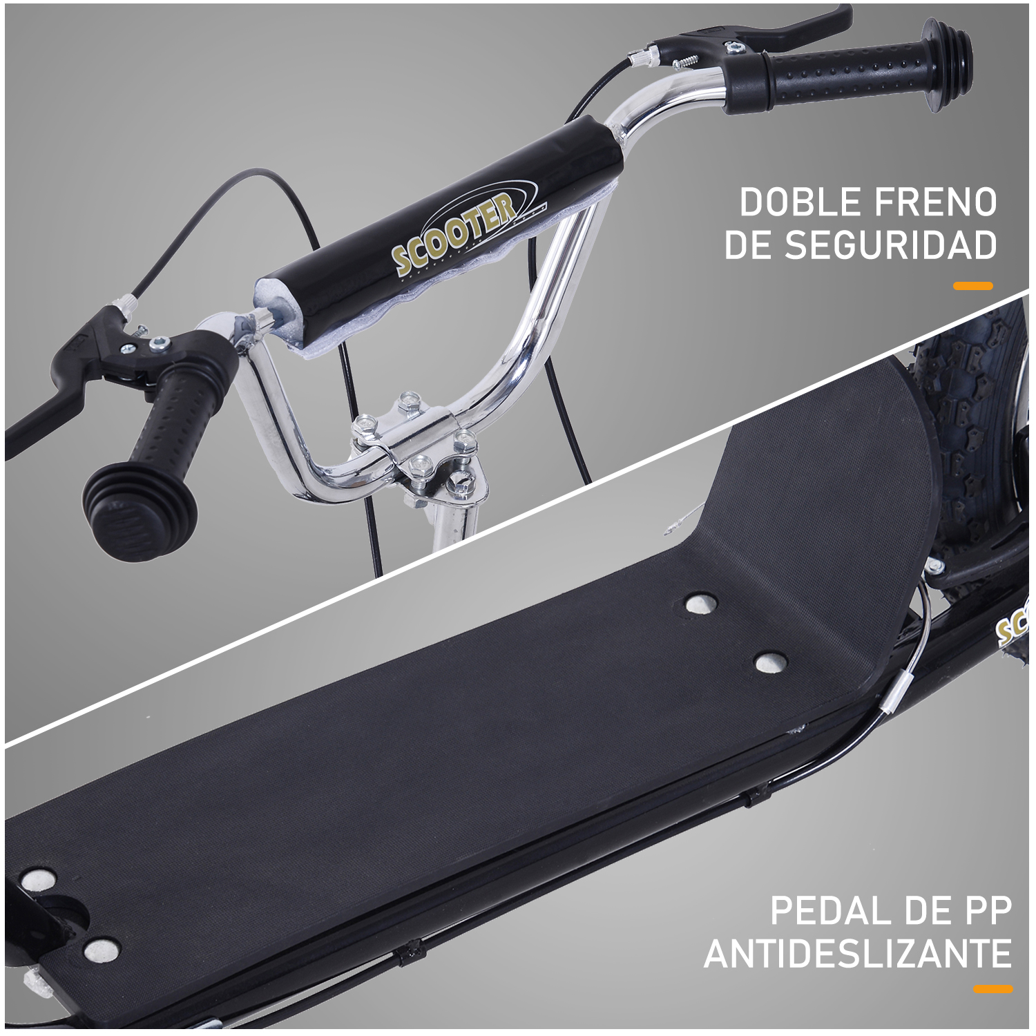 Primer plano del manillar de un patinete con doble freno y plataforma antideslizante.