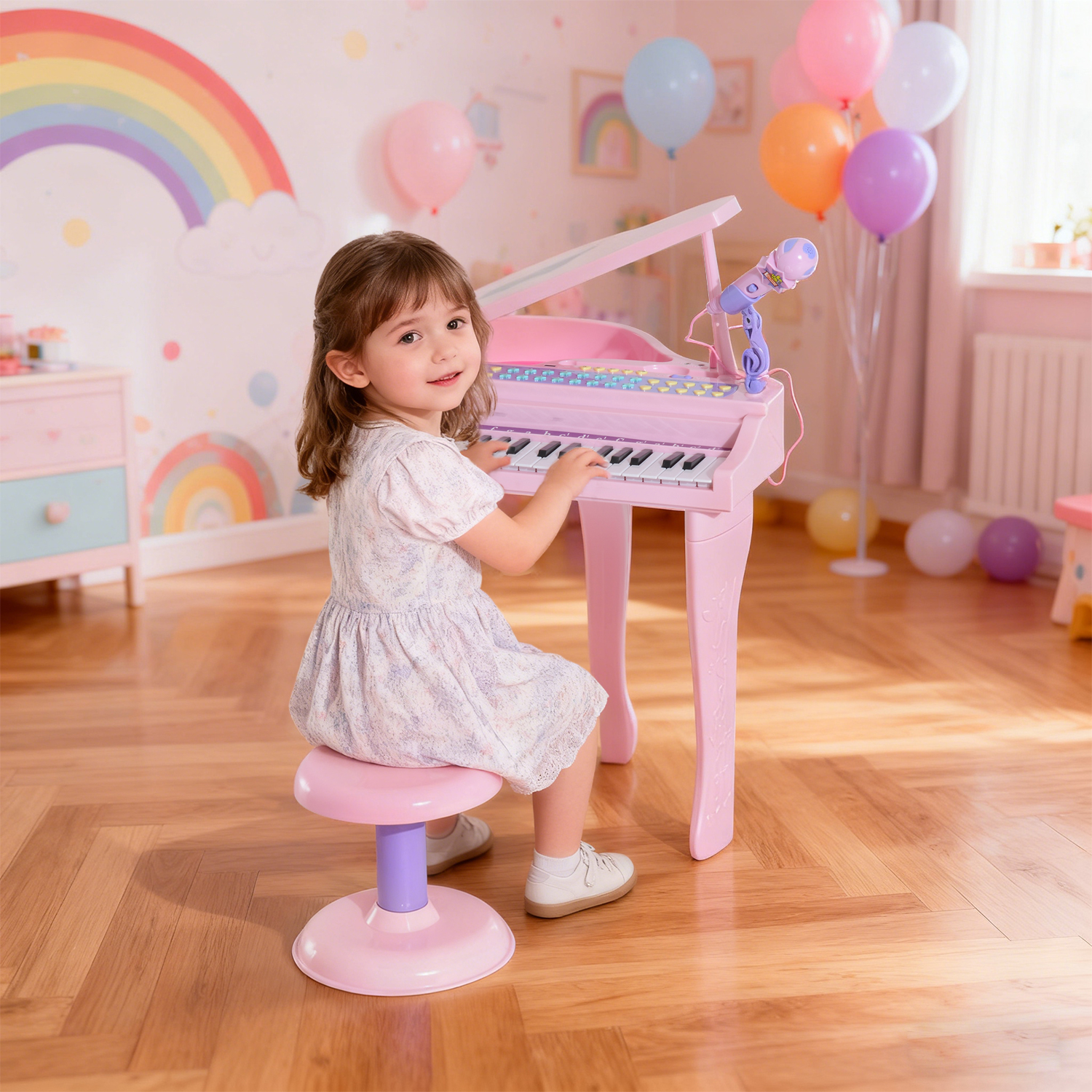 Una niña se sienta en un taburete rosa tocando un piano de juguete rosa con micrófono.