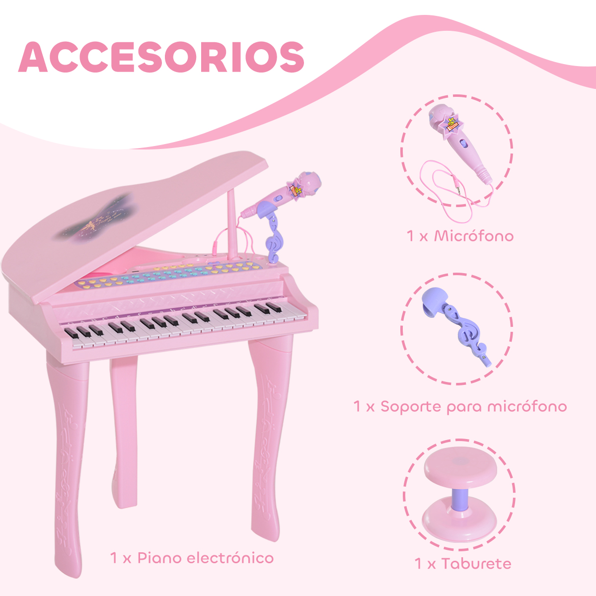 Un piano de juguete rosa con micrófono, soporte y taburete.