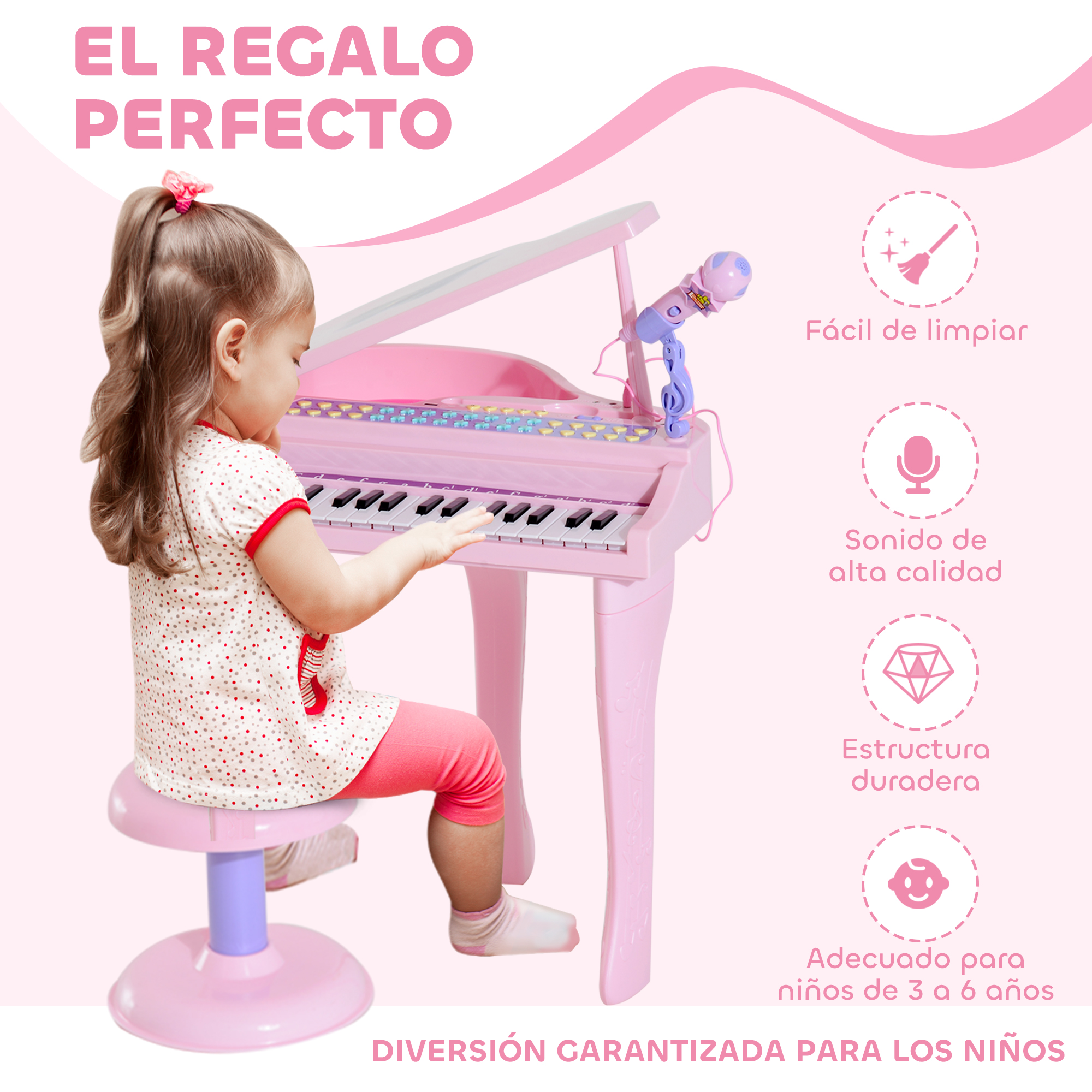 Una niña toca un piano de juguete rosa con micrófono. Características: fácil limpieza, sonido alta calidad.