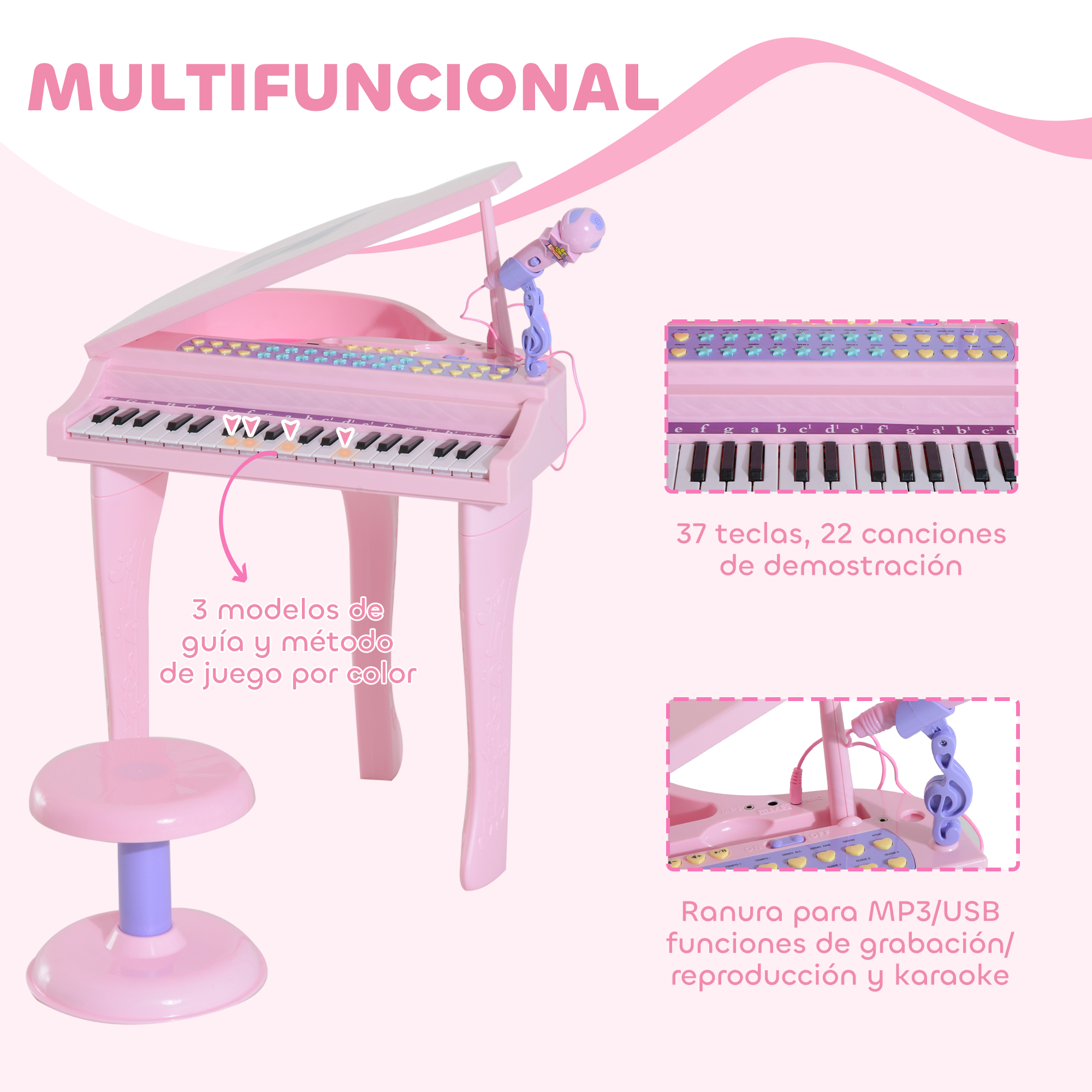 Un piano multifuncional rosa con micrófono y taburete.