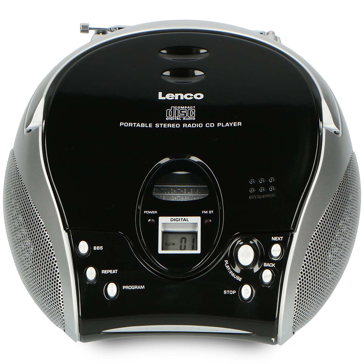 A black Lenco portable stereo radio CD player with silver accents and speakers.