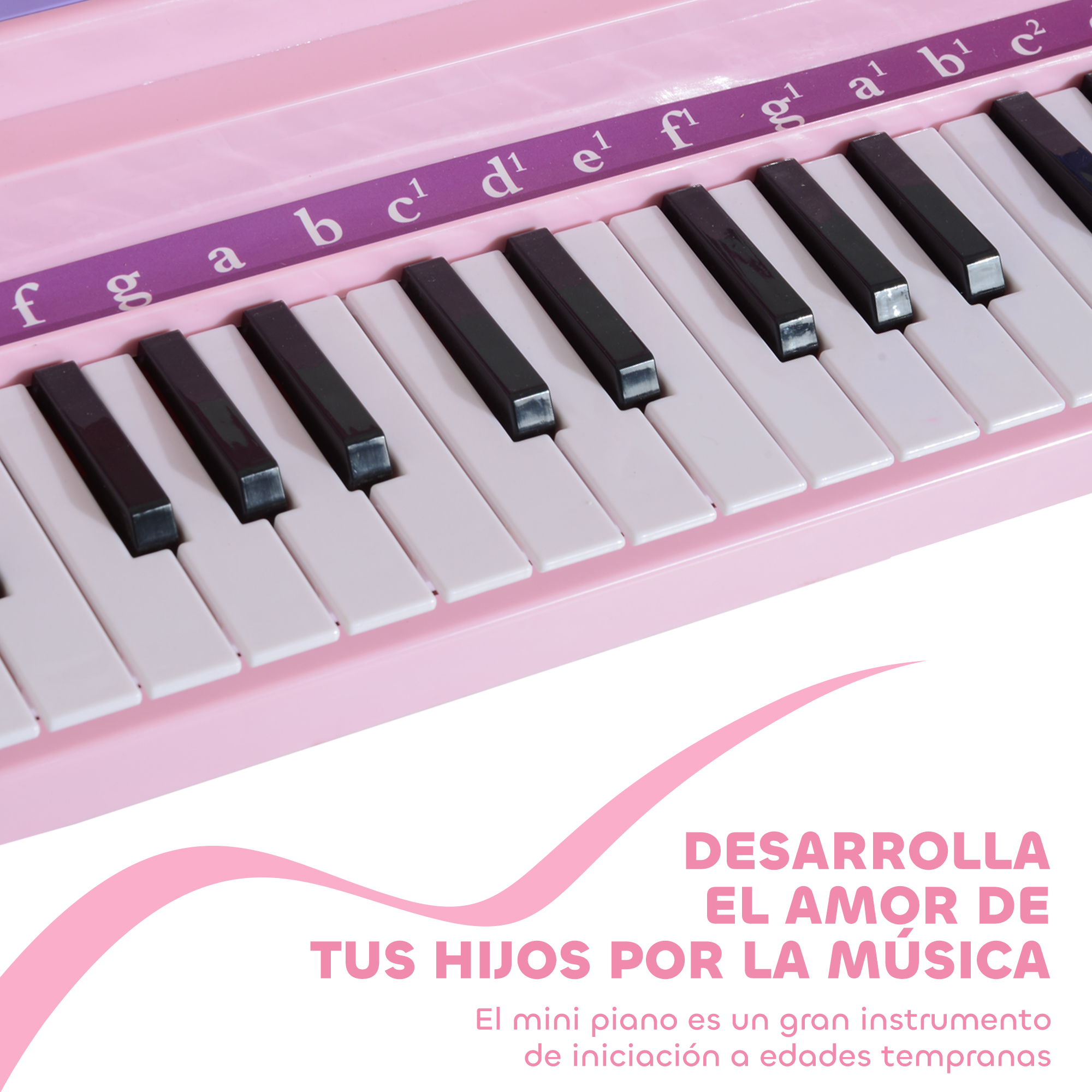 Un mini piano rosa con teclas blancas y negras y etiquetas de notas musicales.