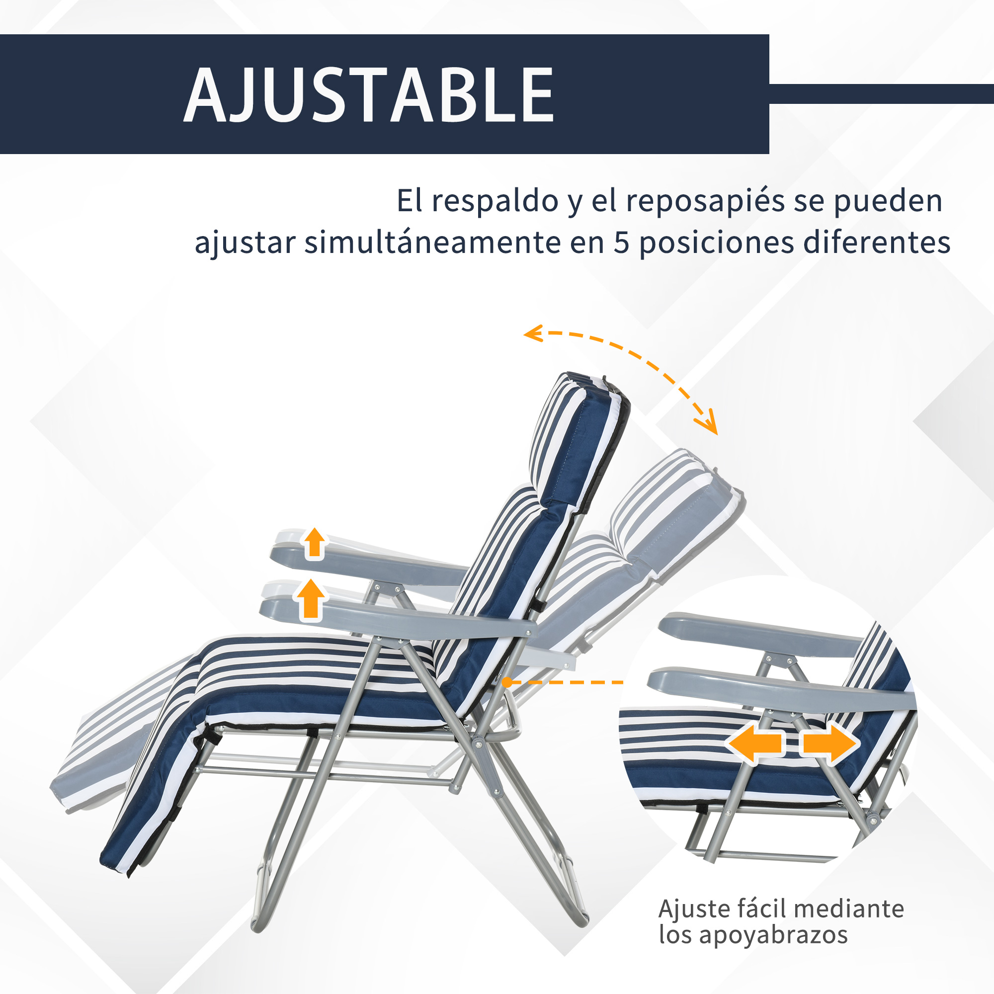 Silla ajustable con cojín a rayas azules y blancas, reposabrazos muestran ajuste.