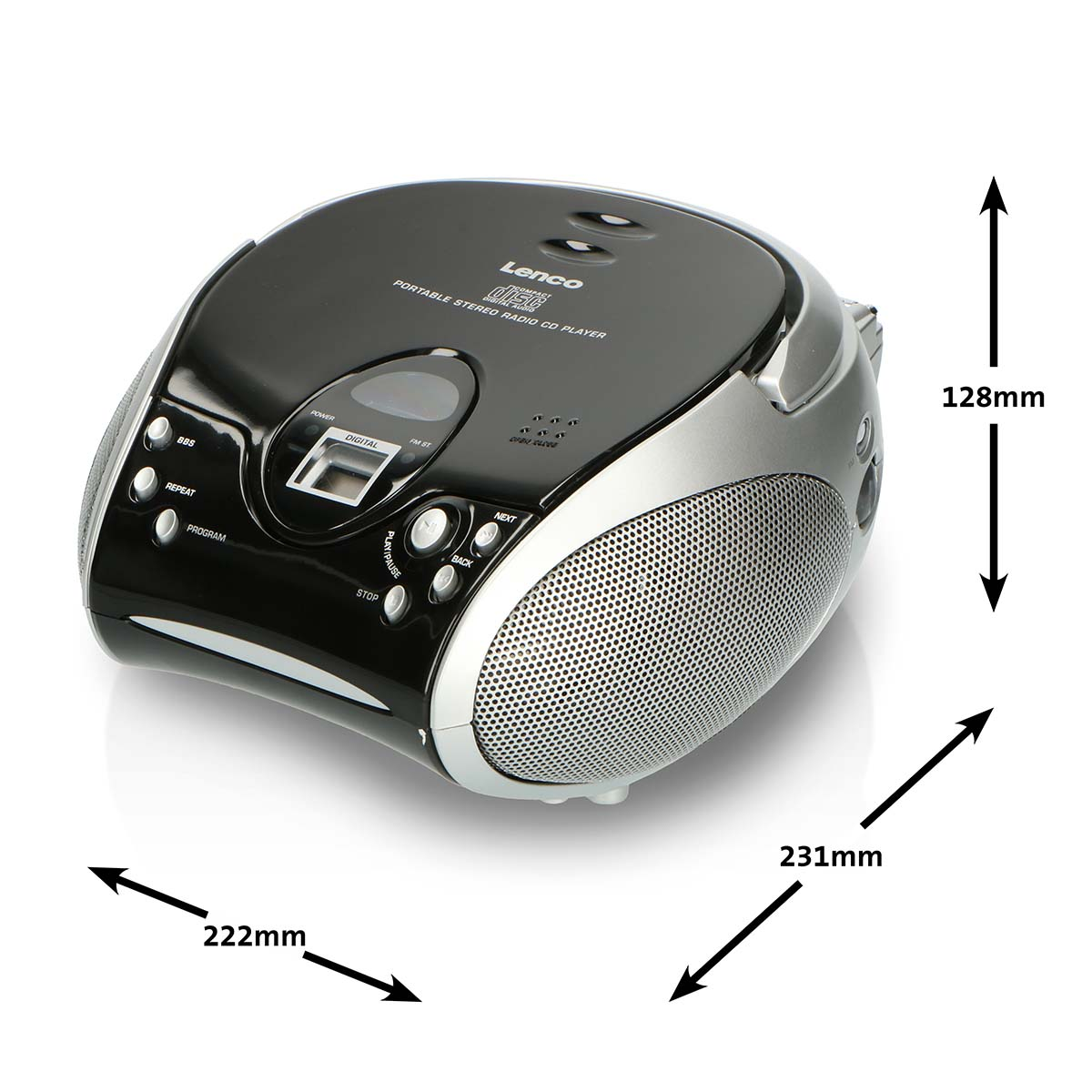 Black Lenco portable stereo radio CD player with silver accents and speaker grill. Dimensions shown.