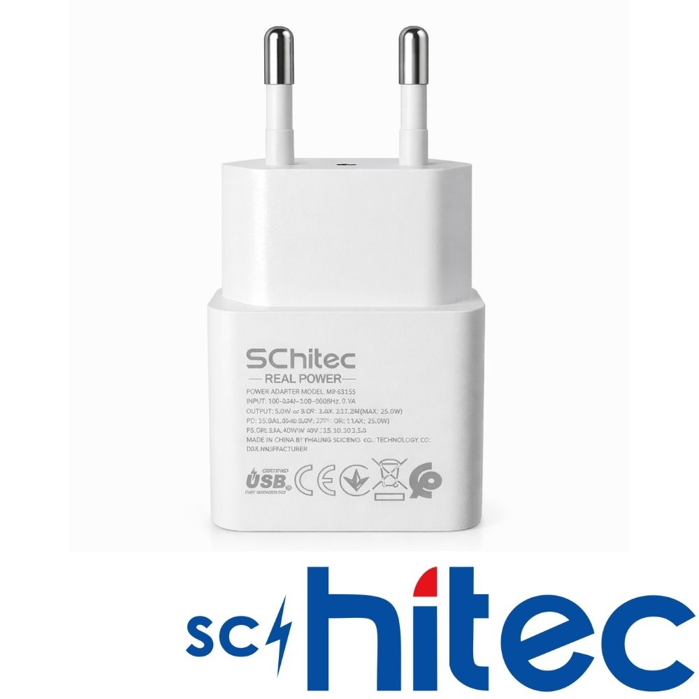 SChitec logolu, iki uçlu beyaz USB güç adaptörü.