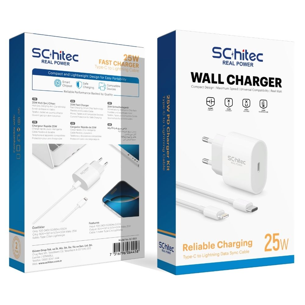 SChitec 25W şarj cihazı ve kablo: beyaz fiş ve beyaz kablo.