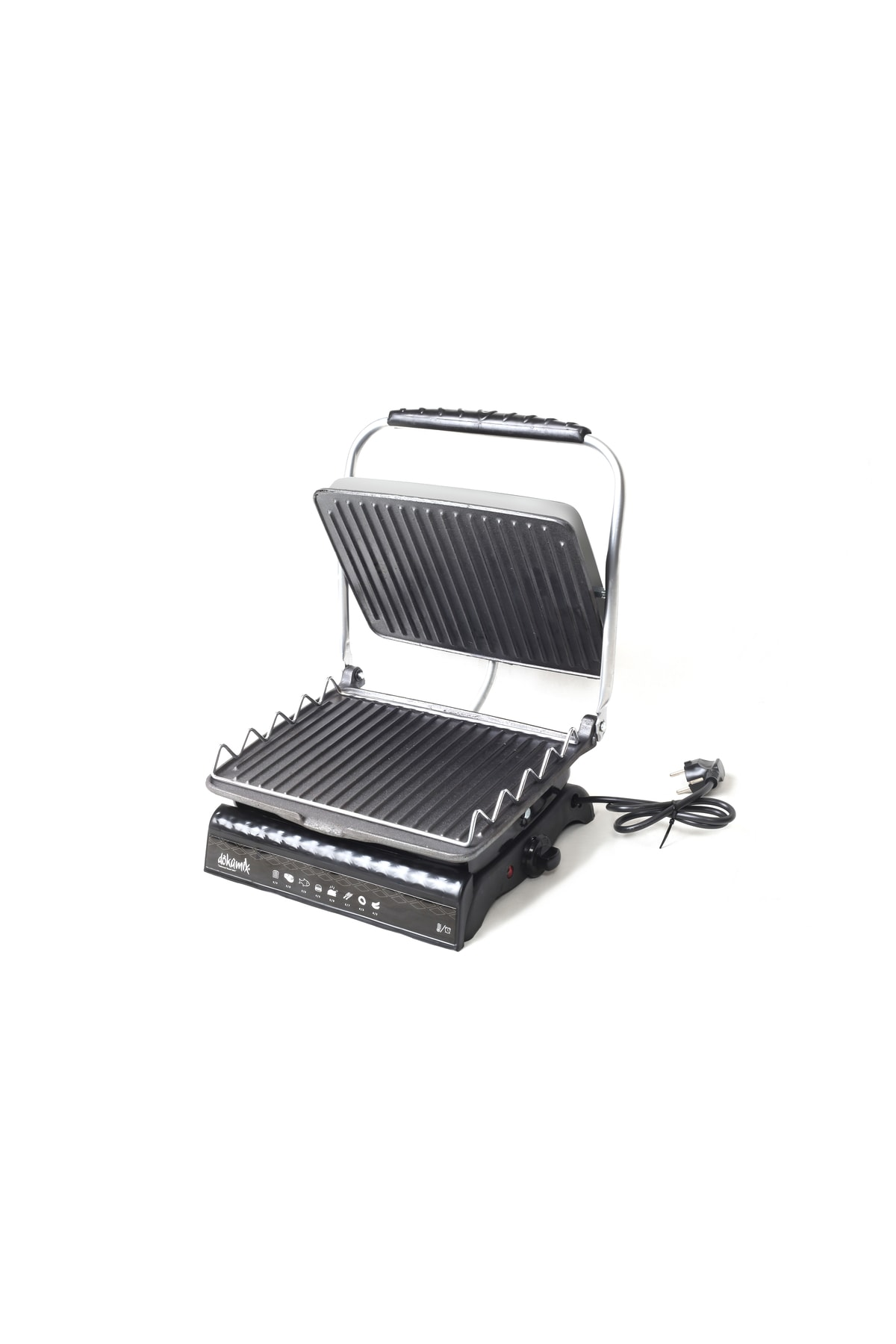 Açık bir kontakt grill, oluklu plakalar ve siyah bir sapa sahip.
