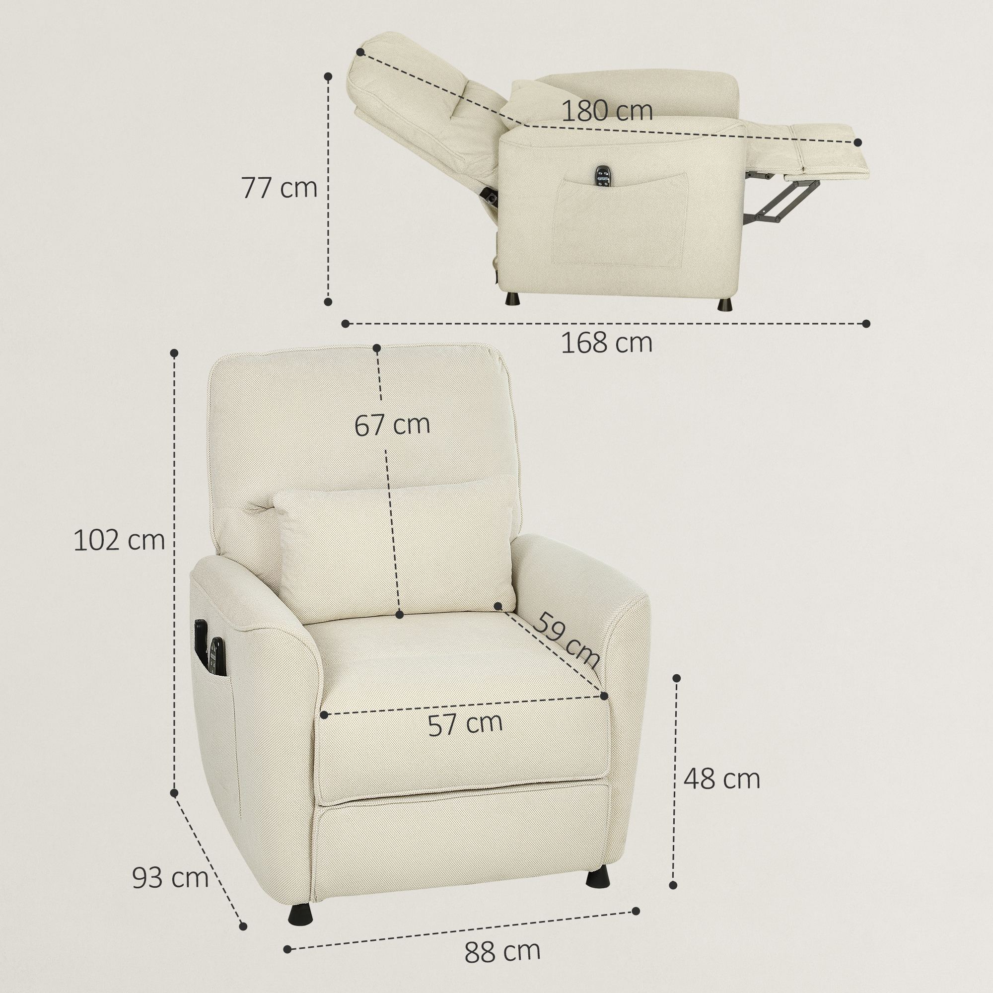 Sillón reclinable crema con dimensiones mostradas. Vista superior muestra sillón reclinado.