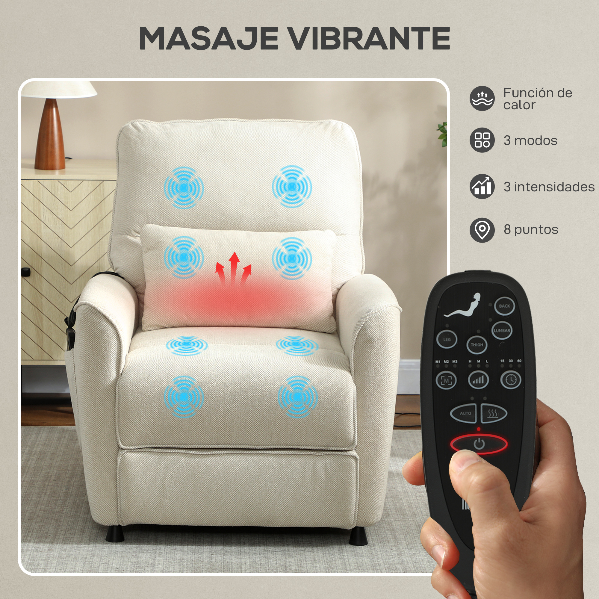 Un sillón de masaje beige con mando, con funciones de calor y vibración.