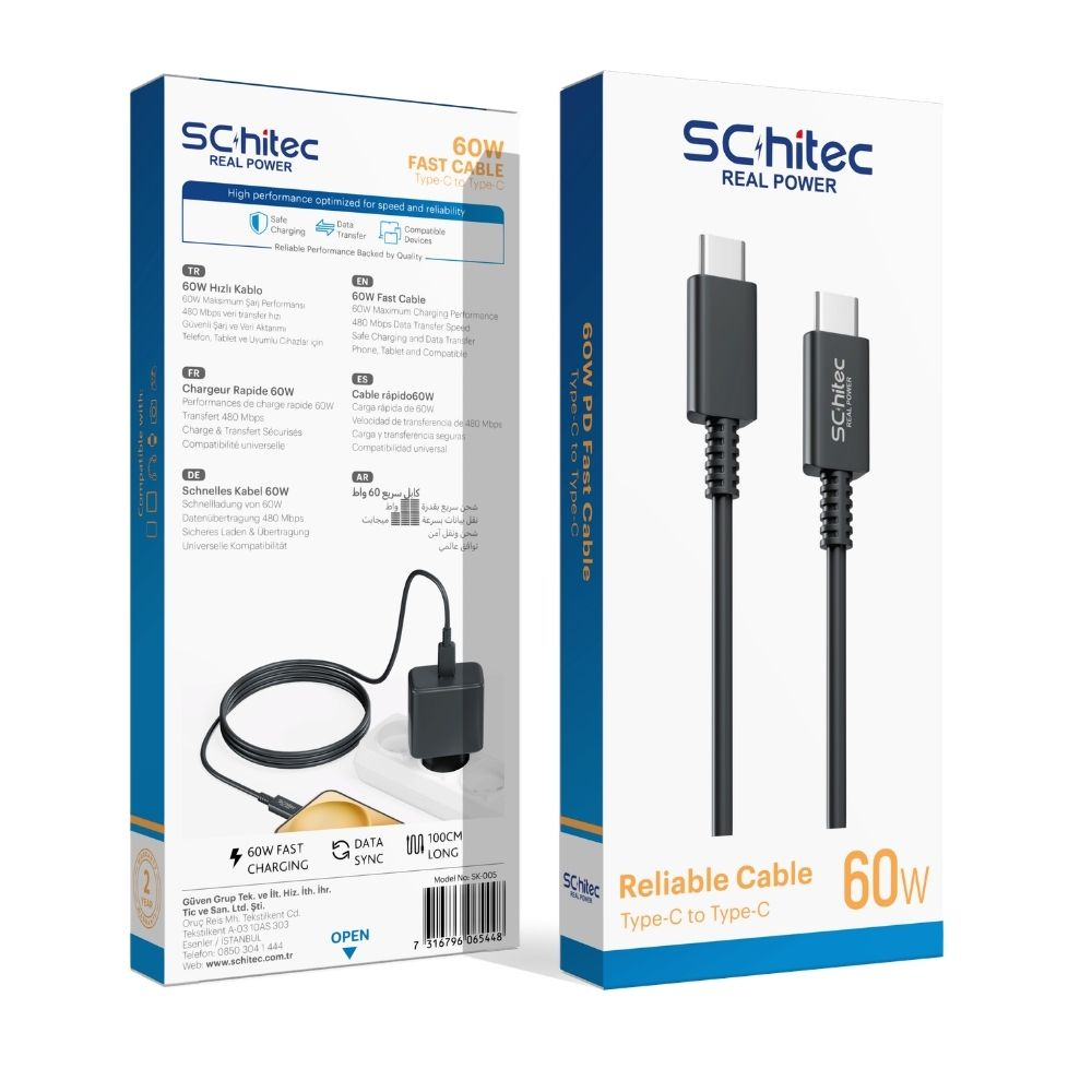 Ambalajda aksesuarlı bir Schitec 60W PD hızlı şarj kablosu görülüyor.
