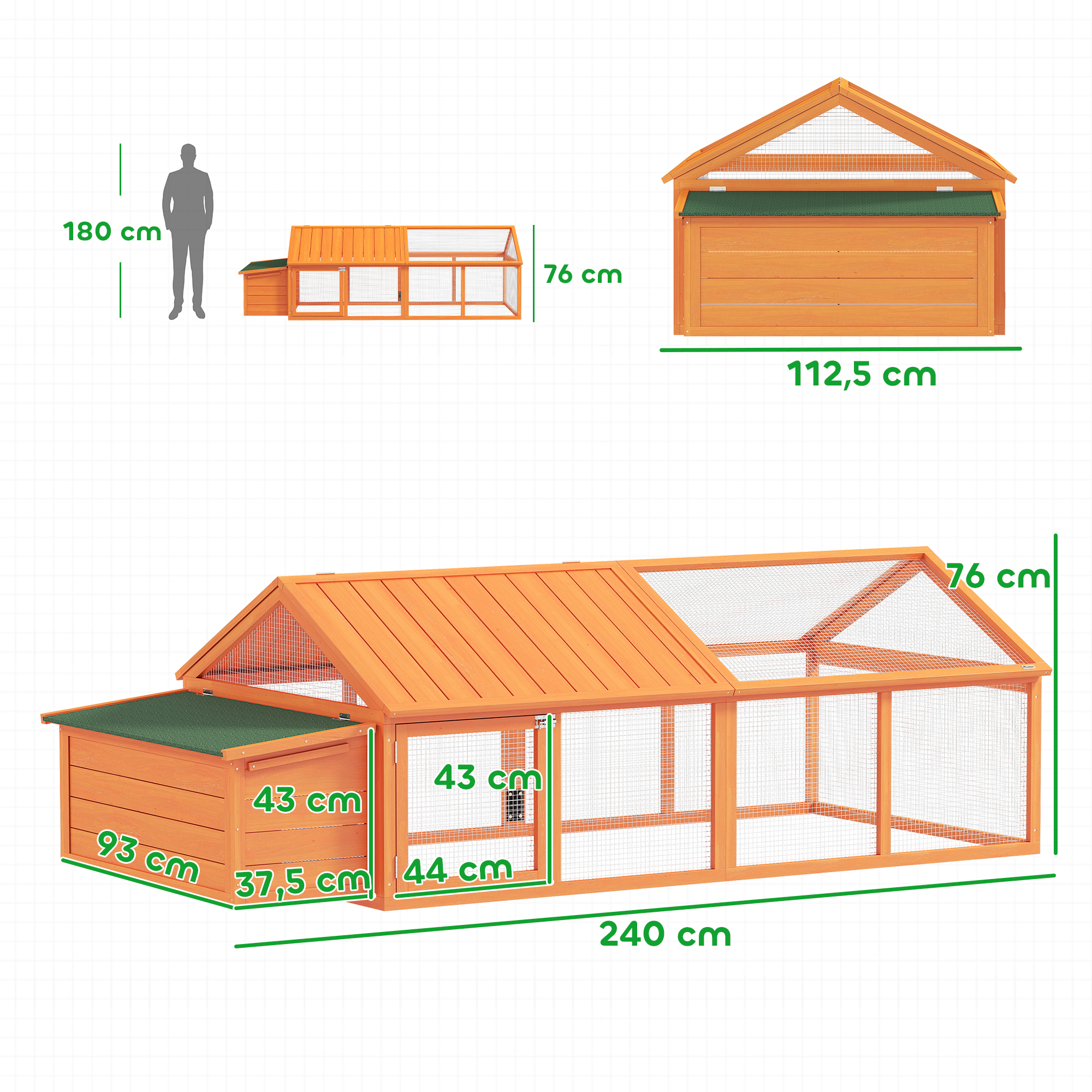 Gallinero de madera con corral, dimensiones mostradas. 240x76x112,5 cm.