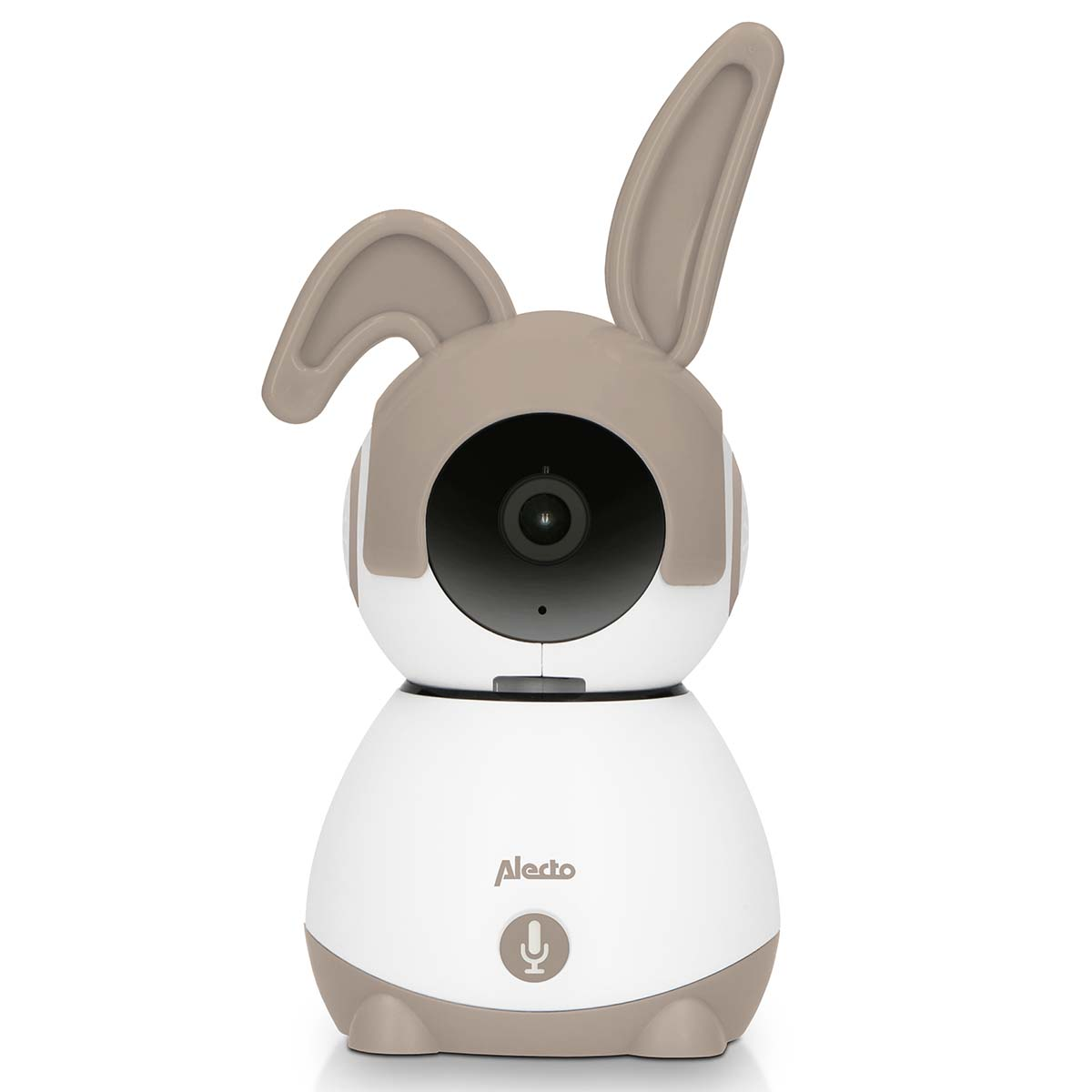 Ein weißer und brauner Baby Monitor mit Hasenohren und Kamera.