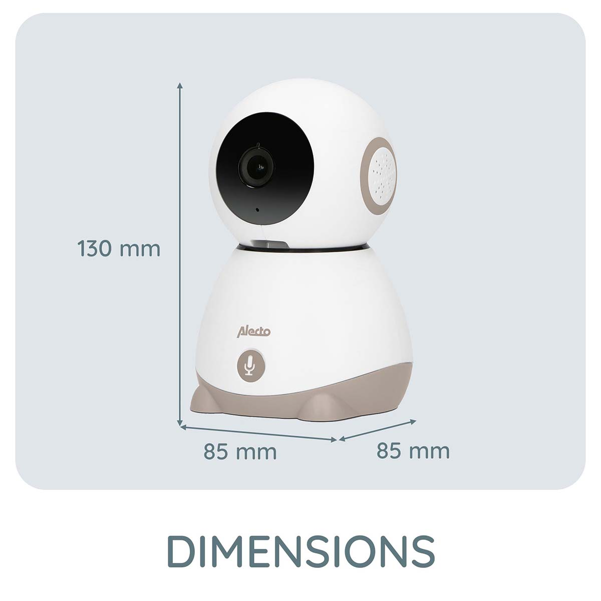 Weiße und graue Babyphone-Kamera mit Maßen 130x85x85 mm.