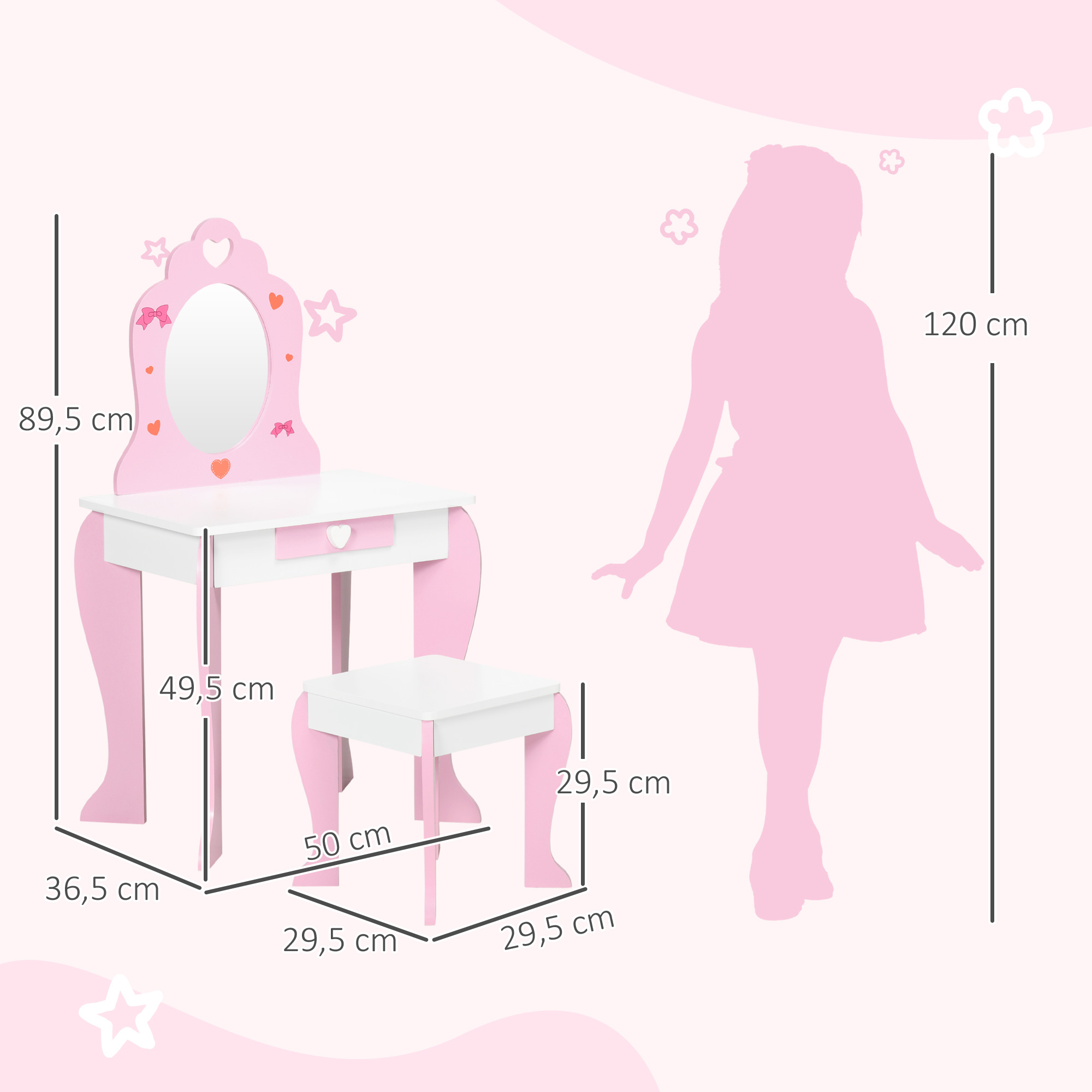 Un tocador rosa con espejo y taburete, junto a la silueta de una niña.