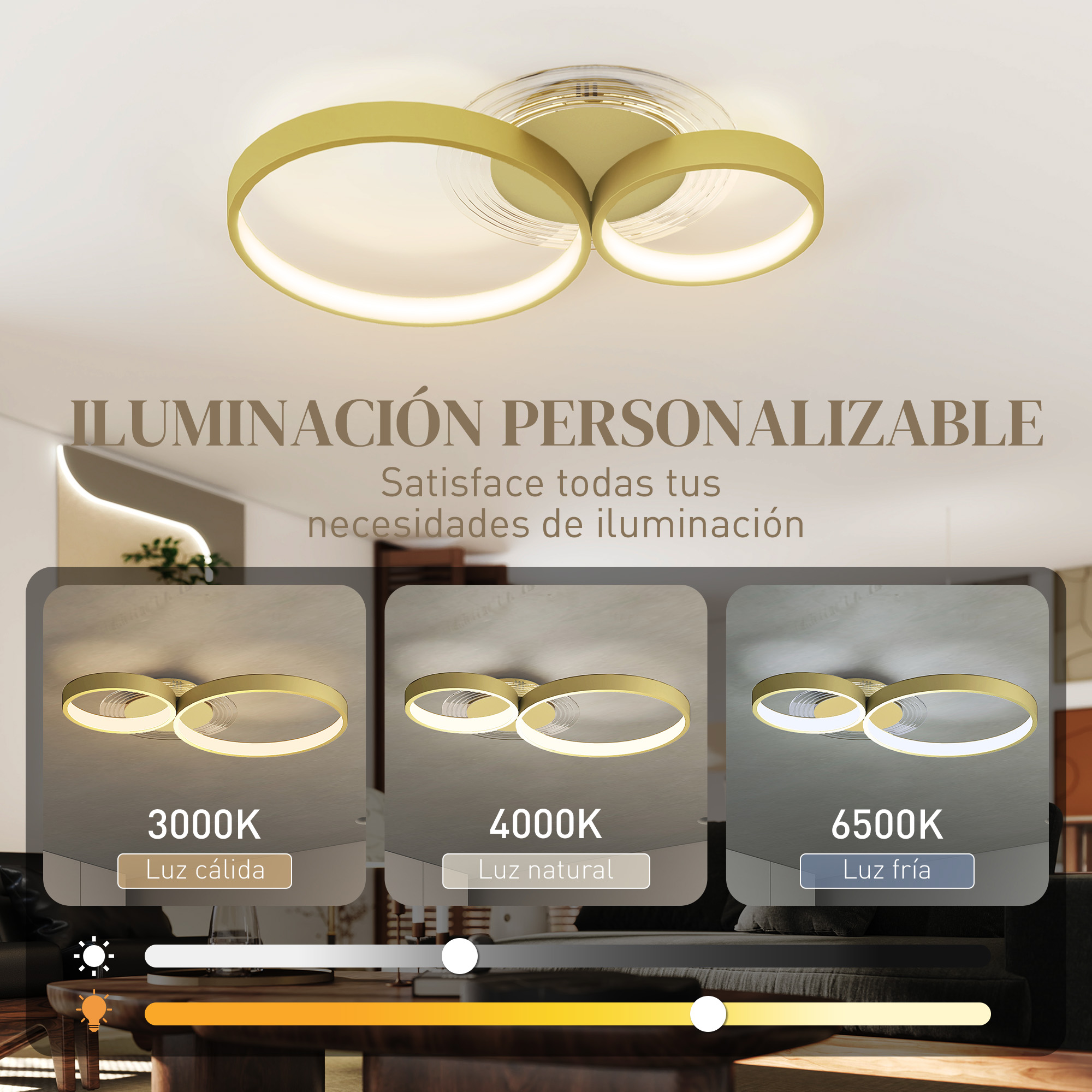 Lámpara de techo moderna con tres anillos amarillos, mostrando tres opciones de color.