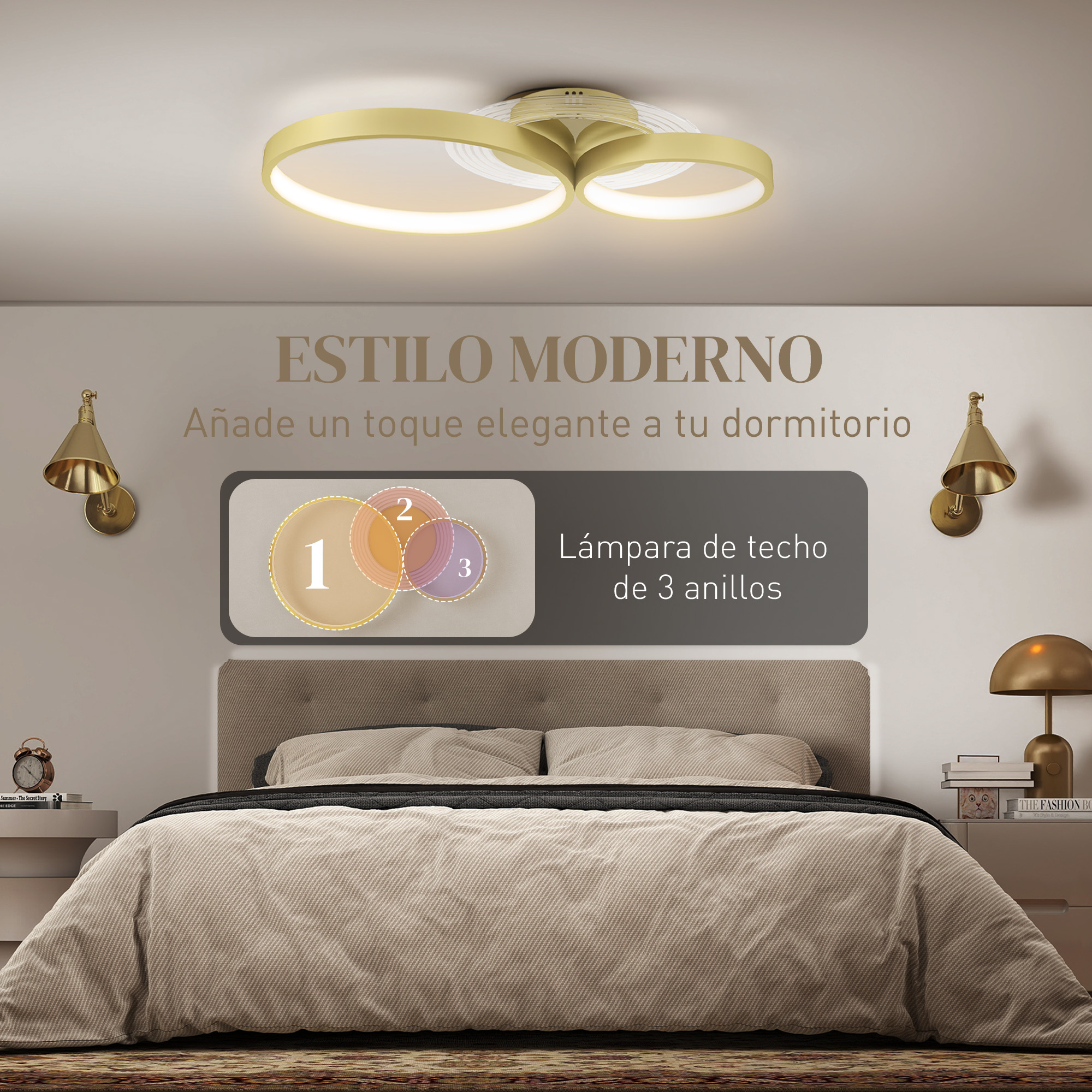 Dormitorio moderno con lámpara de techo de anillos, apliques y cama.