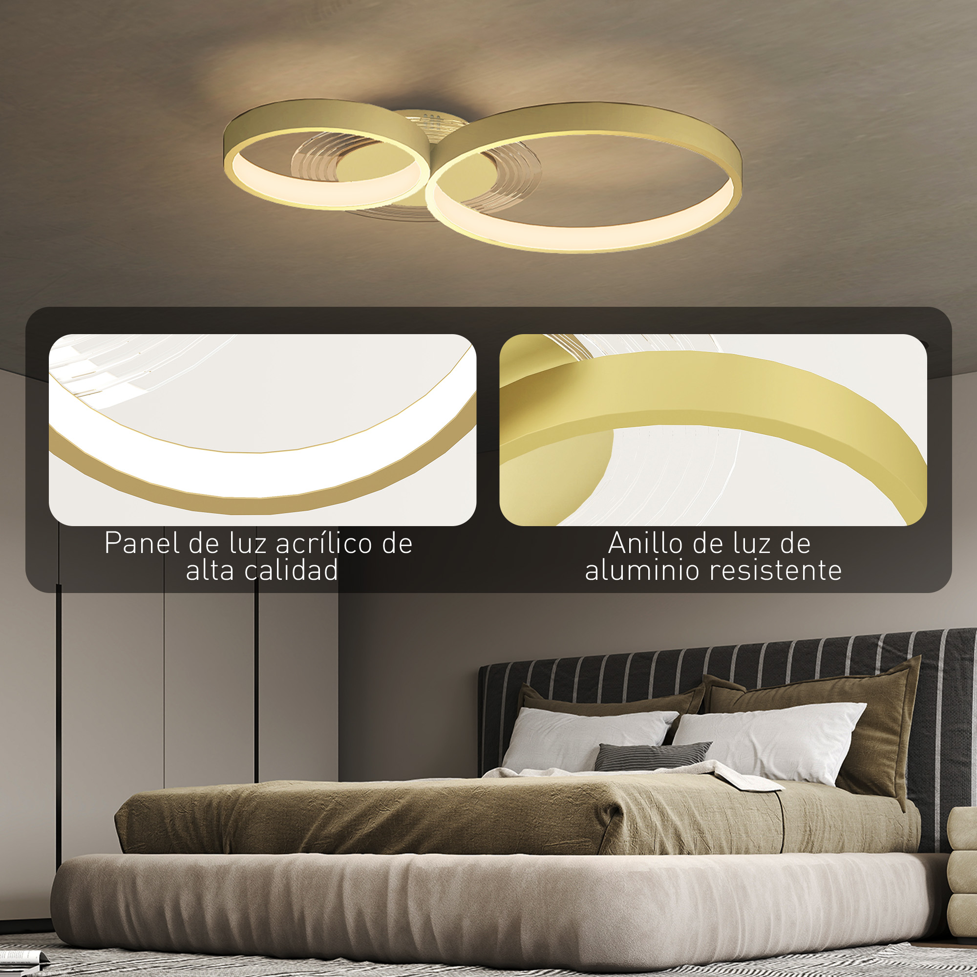 Un dormitorio moderno con cama doble y lámpara de techo de dos anillos.