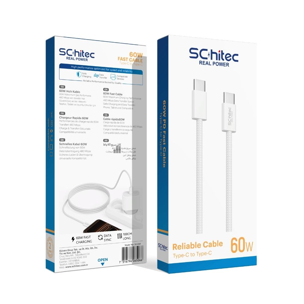SChitec 60W USB-C kablo ambalajı, beyaz, şarj ve veri aktarım detayları ile.