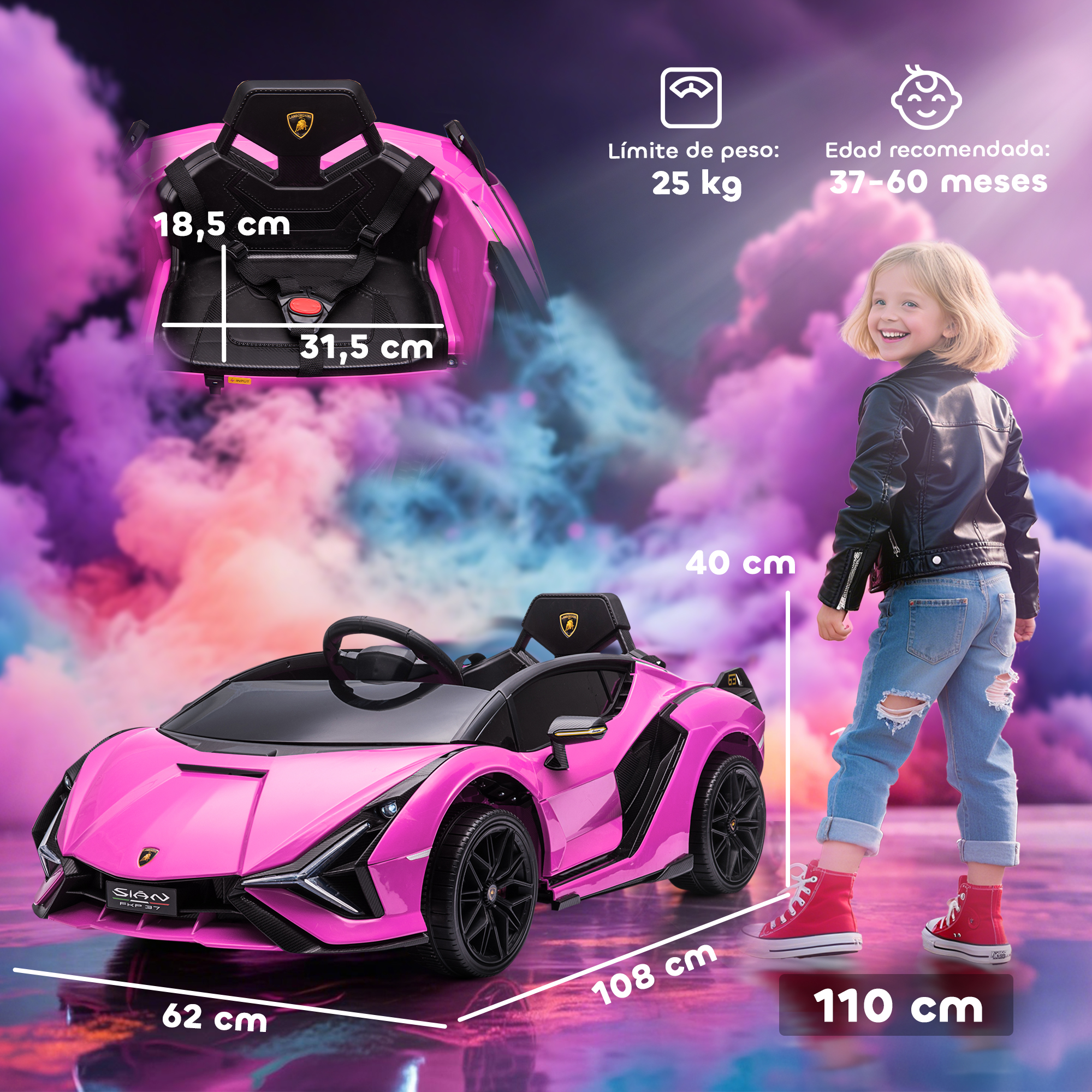 Un coche Lamborghini rosa para niños con una niña al lado. Se muestran medidas y edad.