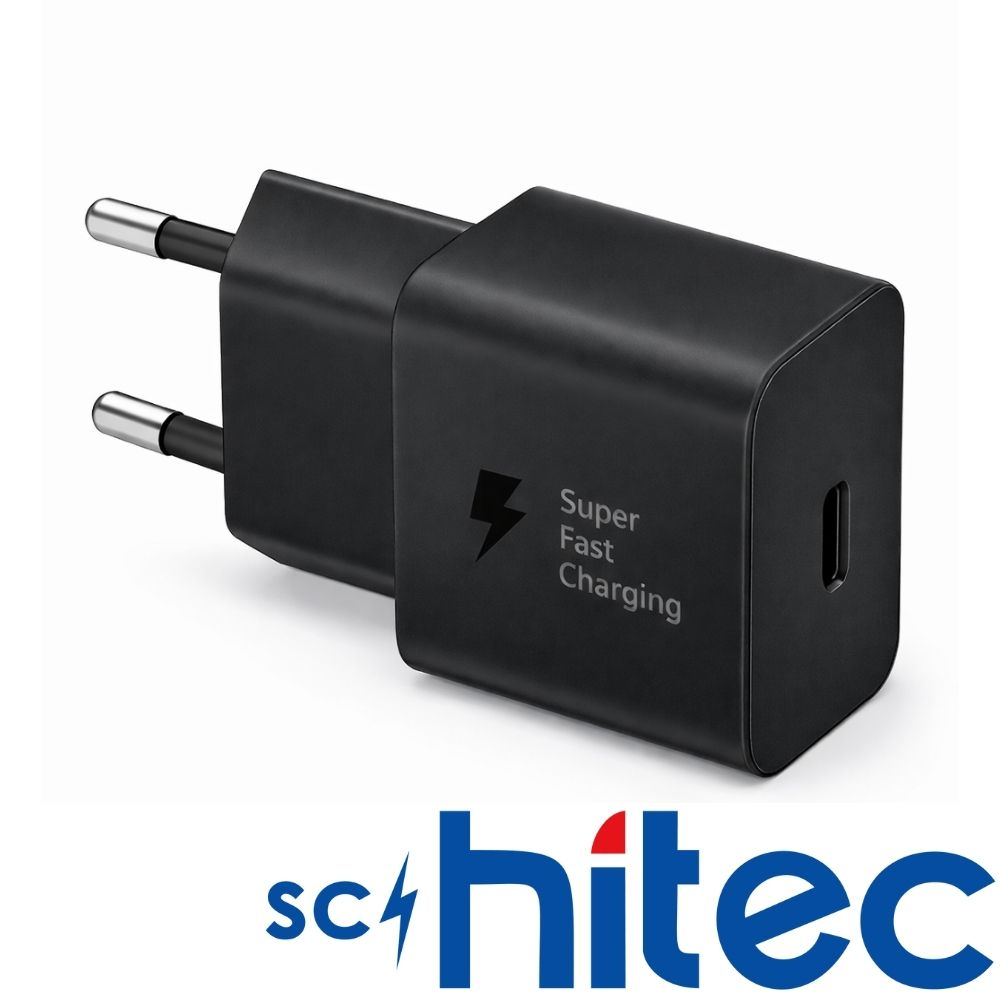 USB-C portlu ve logolu siyah Super Fast Charging duvar adaptörü.