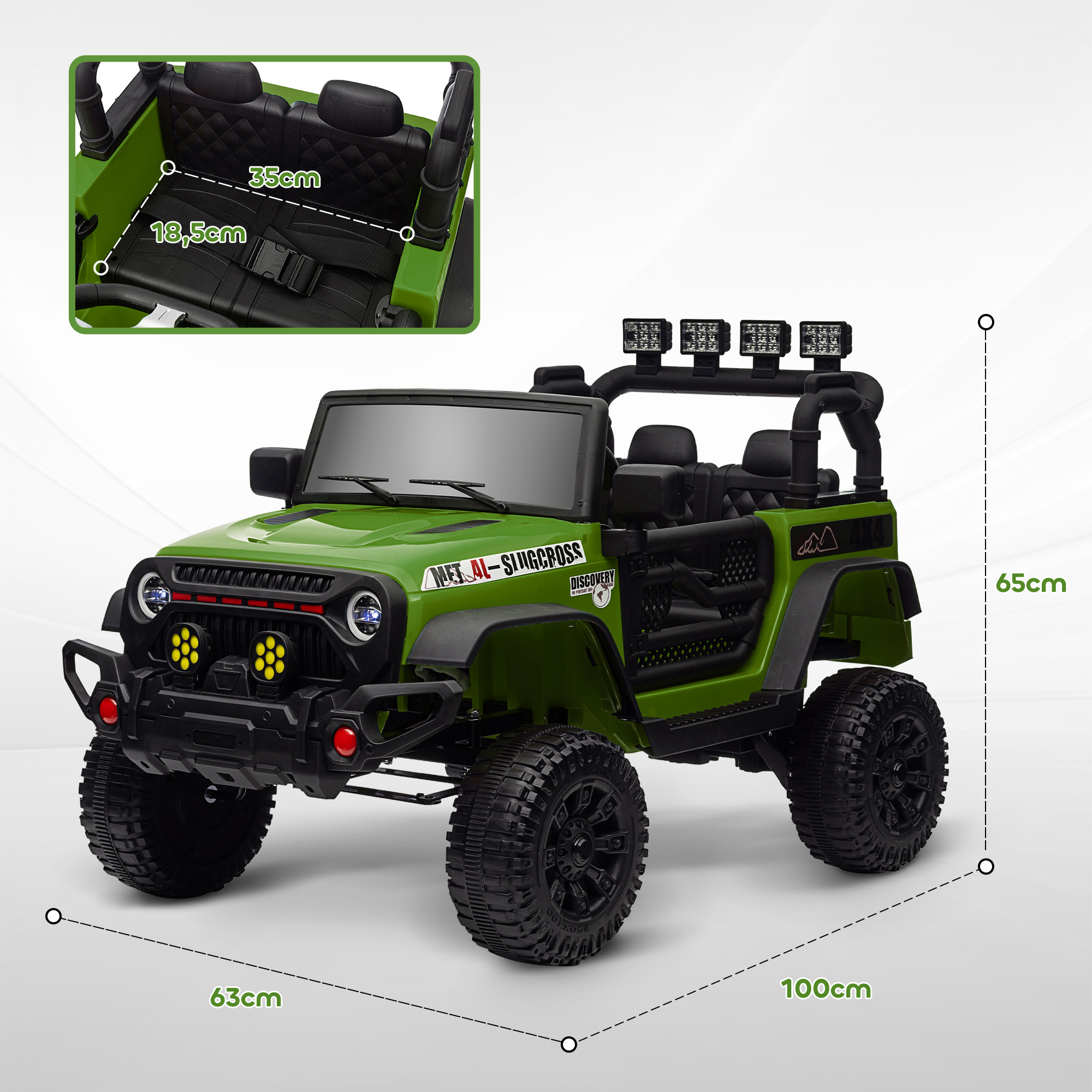 Jeep de juguete verde para niños con asientos, ruedas y arco de seguridad negros.