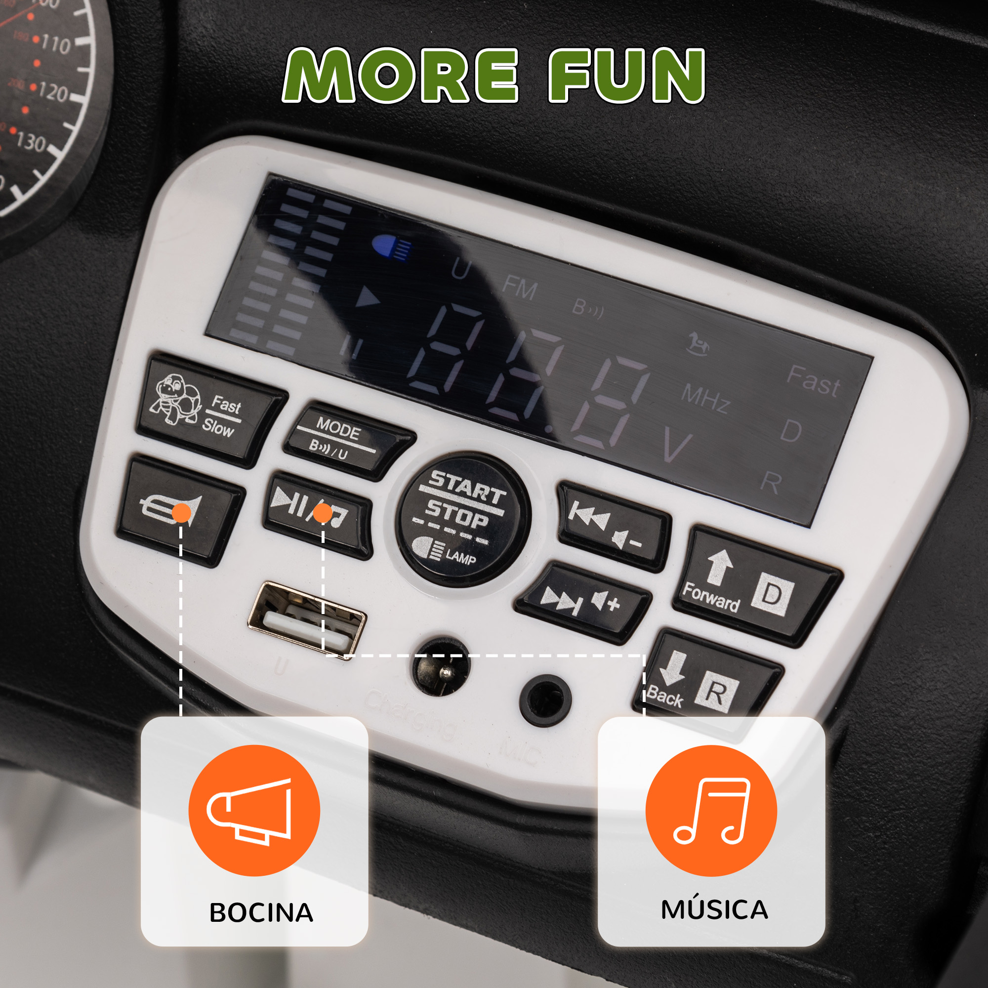 Salpicadero con botones y pantalla, texto 'MORE FUN'.