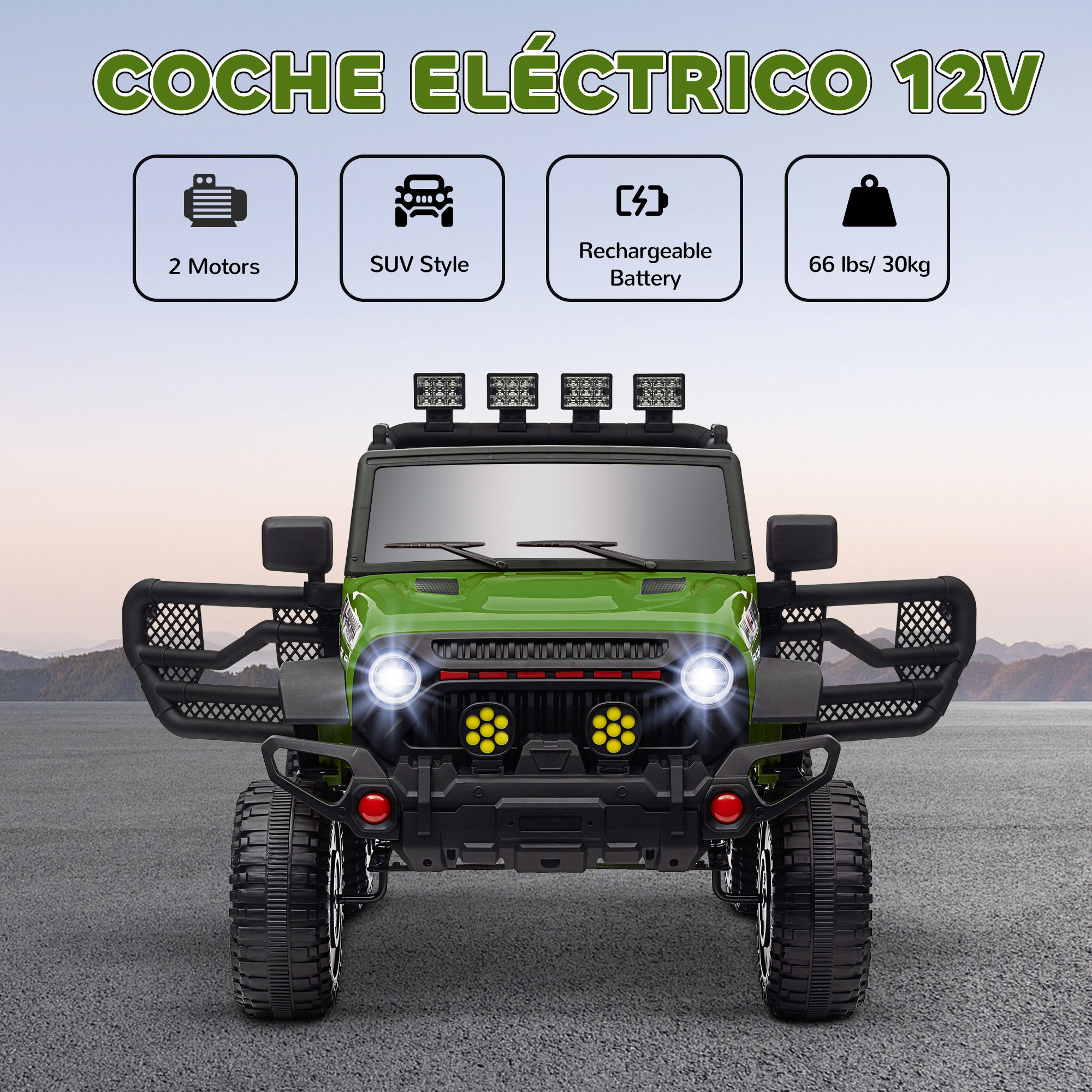SUV eléctrico verde con parachoques negros, faros y cuatro luces en el techo.