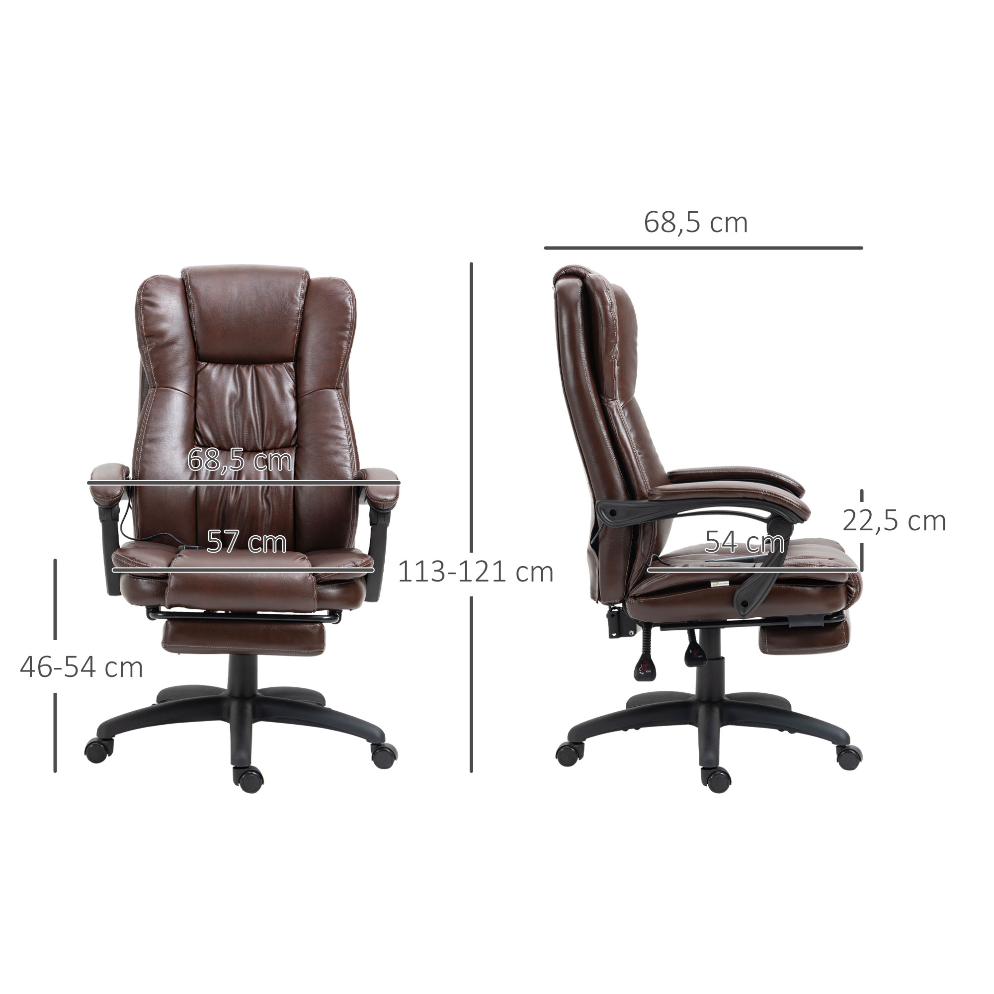 Silla de oficina marrón con dimensiones y ruedas.
