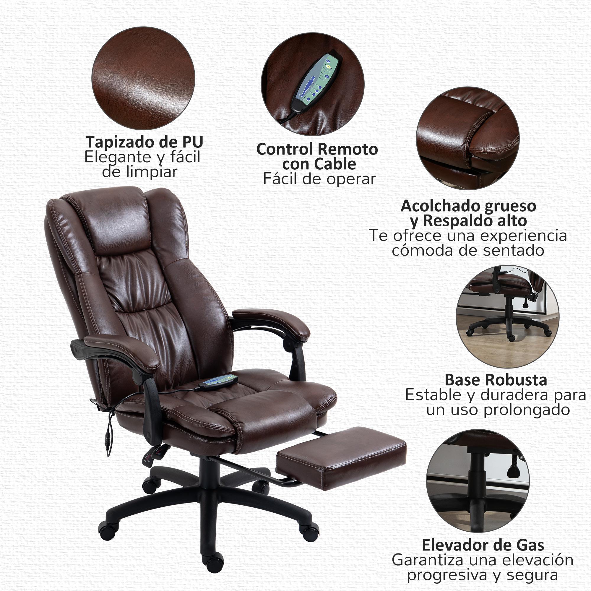 Un sillón de oficina marrón con reposapiés y mando.