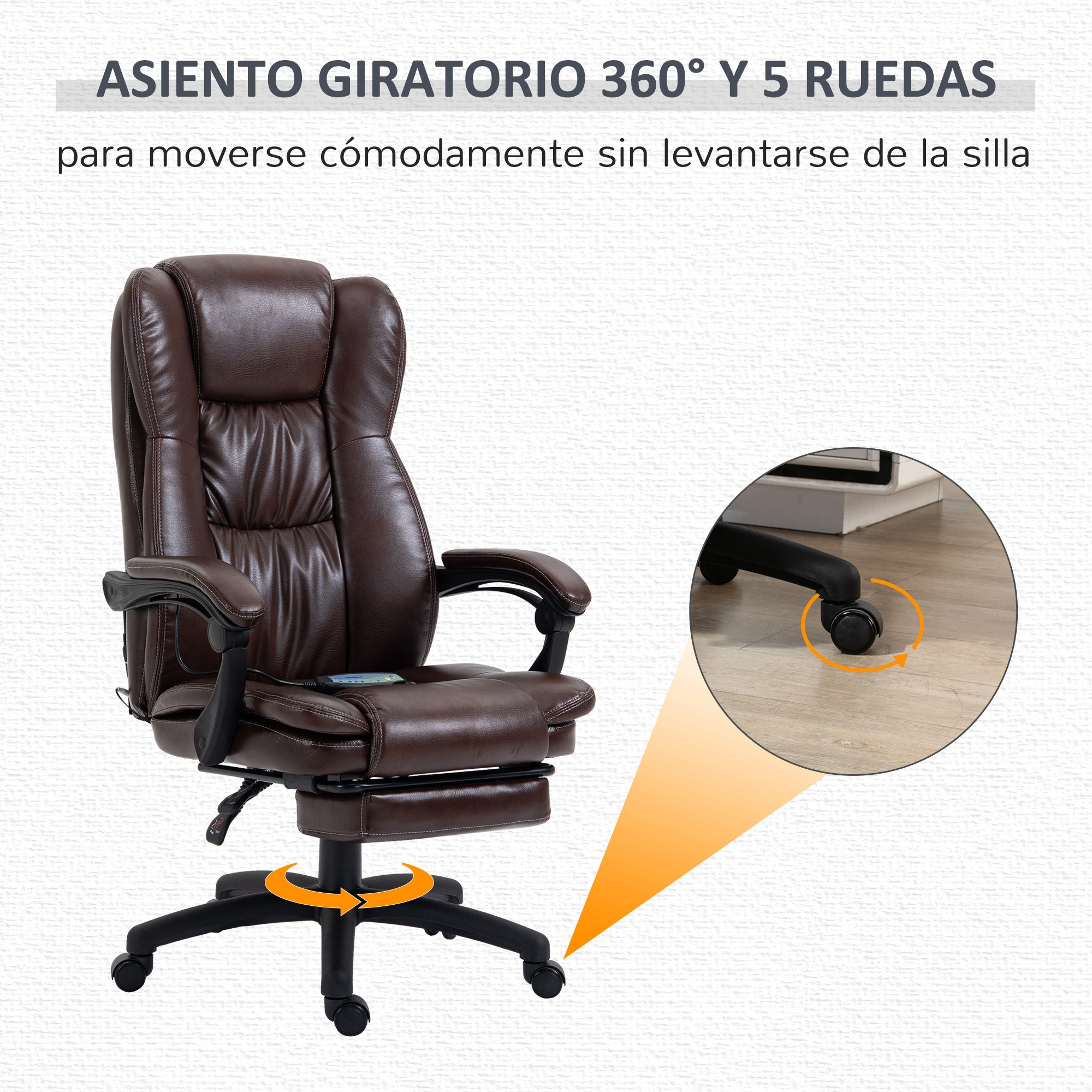 Silla de oficina marrón con reposapiés y 5 ruedas. Gira 360 grados.