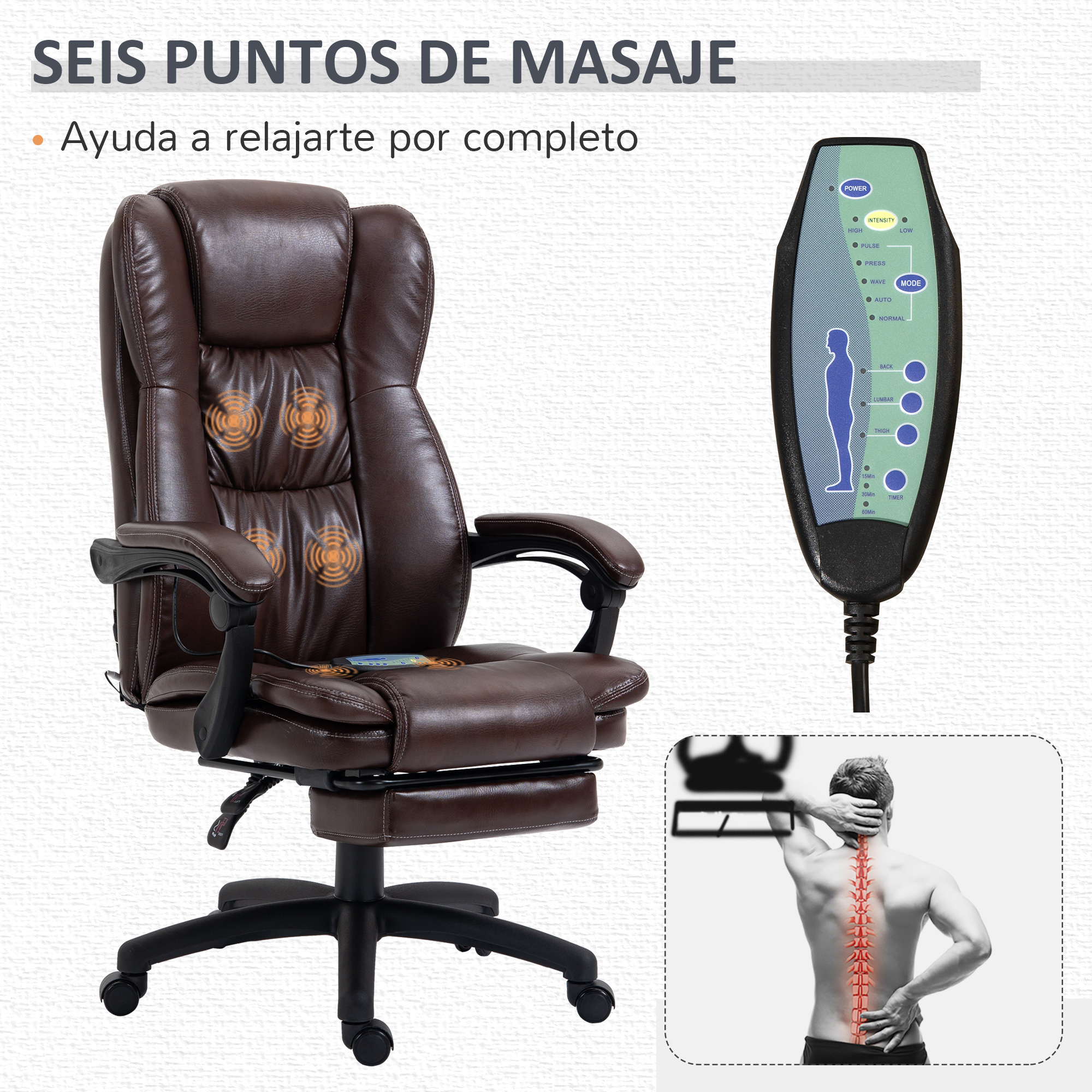 Sillón de masaje marrón con mando y ilustración de espalda.